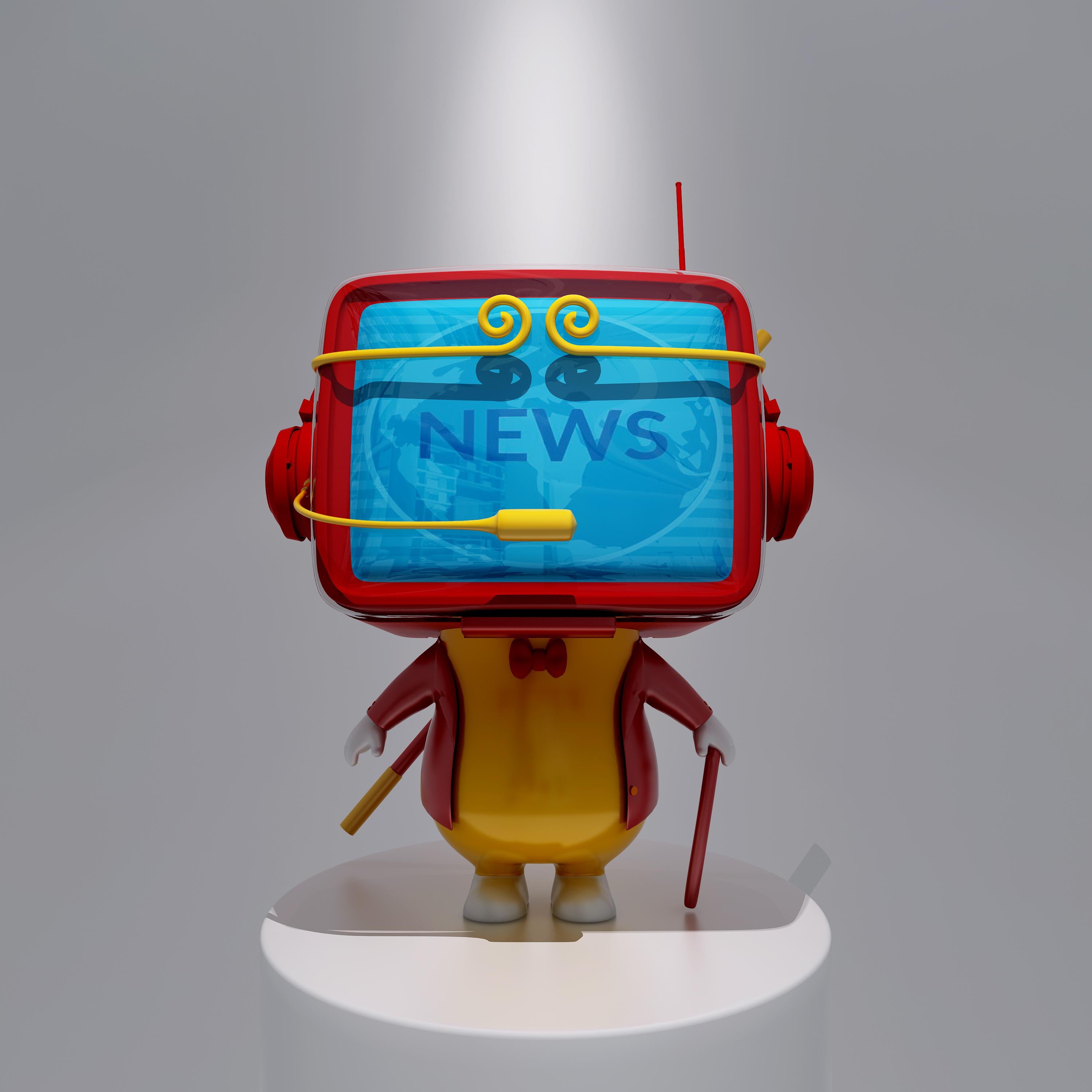 Wang Ninghua Figurative Sculpture - Pop Trendy Sculpture: Television Computer Red Color Monkey with Headset