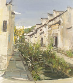 Panpan Wang Paesaggio originale olio su tela "Il vicolo"