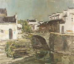 Panpan Wang Landscape Original Oil On Canvas "Village By The Stone Bridge"