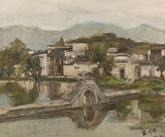 Wang PanPan Landscape Original Oil Painting "Quaint Town"