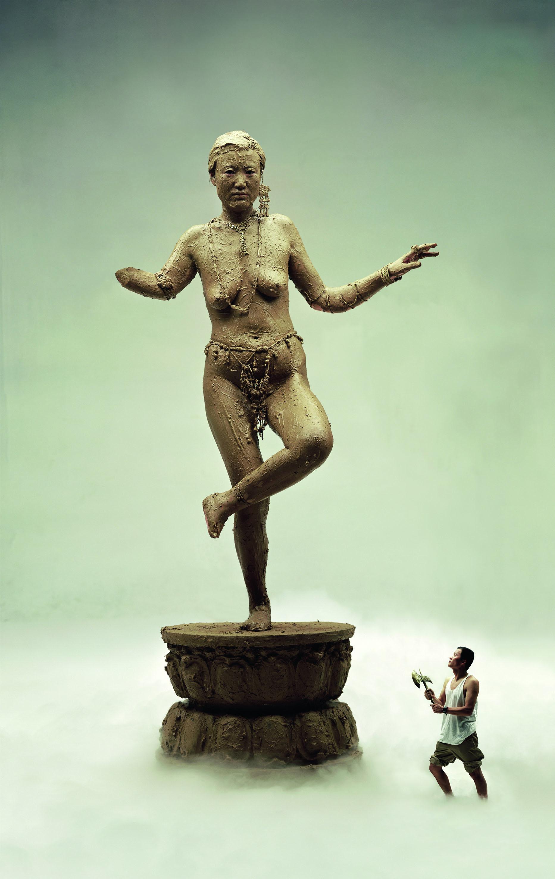 Preincarnation and Incarnation - 2x Tripthych, Contemporary, Chinese Photography - Brown Color Photograph by Wang Qingsong