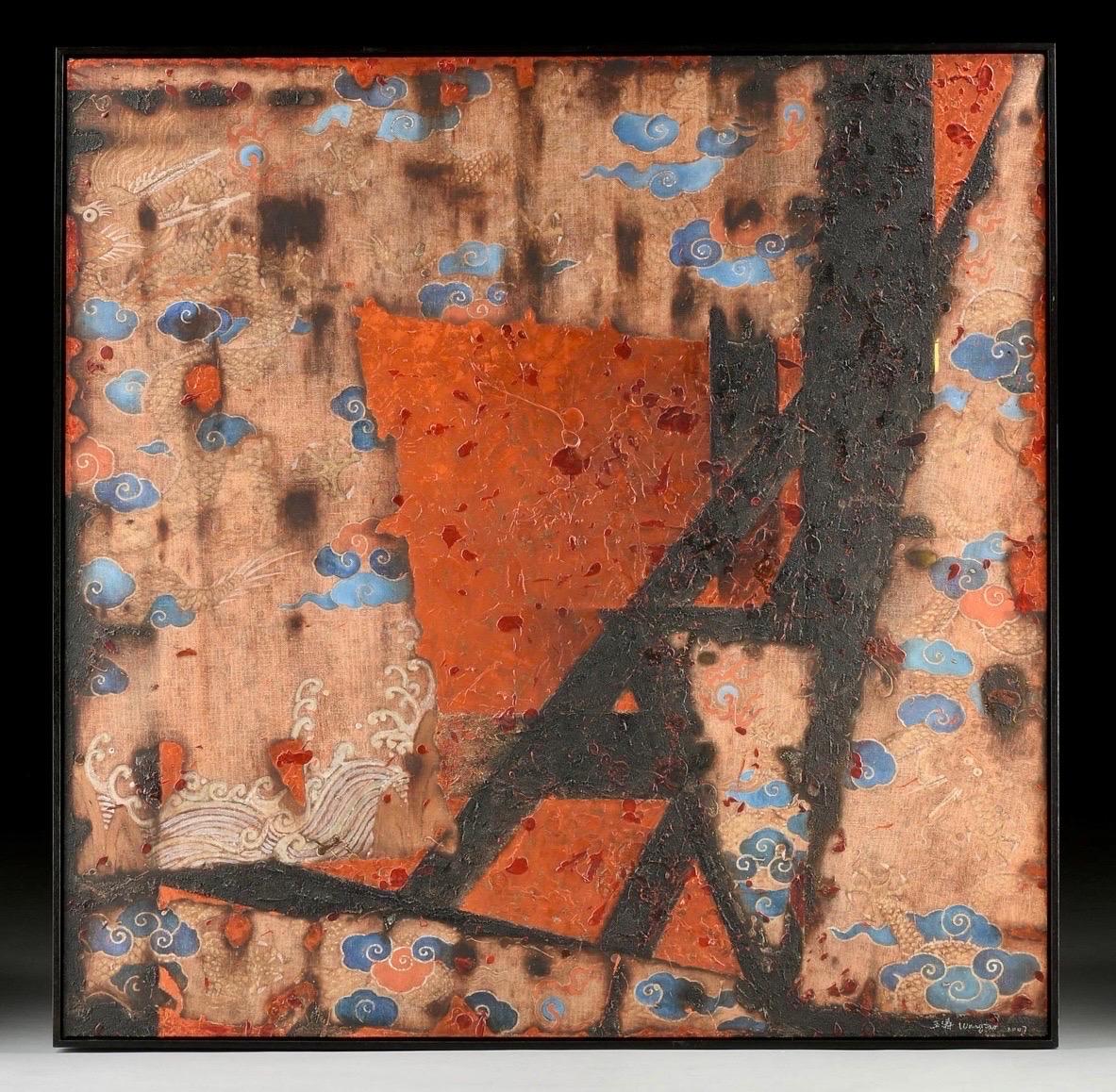 Grande dipinto cinese contemporaneo astratto, collage a tecnica mista, di Wang Tao