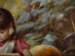 Wang Yan Impressionist Original Oil On Canvas "Girl Feed Pig"