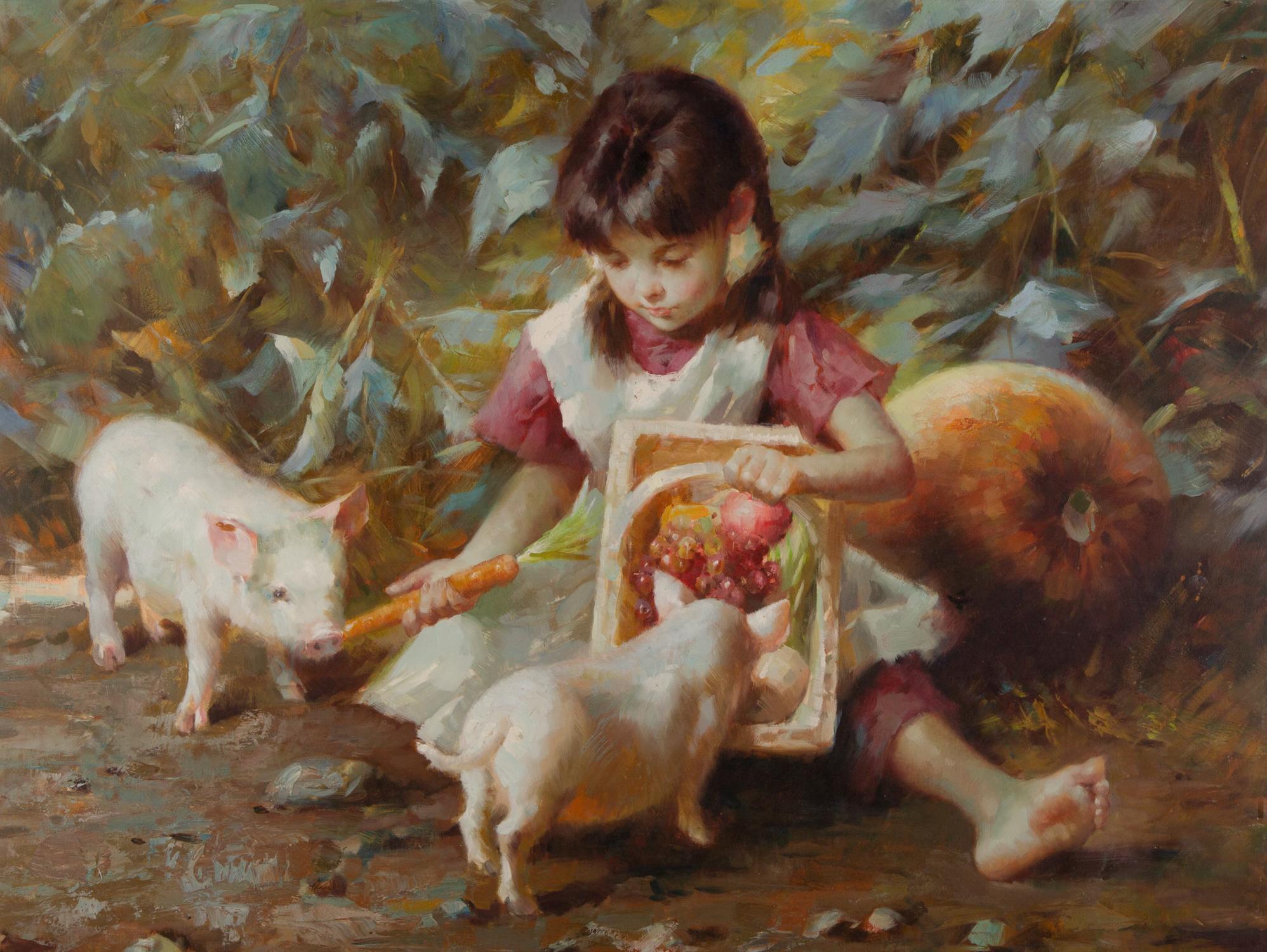  Title: Girl Feed Pig
 Medium: Oil on canvas
 Size: 39.25 x 29.5 inches
 Frame: Framing options available!
 Condition: The painting is laid on the matt board and appears to be in excellent condition.
 
 Year: 2000 Circa
 Artist: Wang Yan
 Signature: