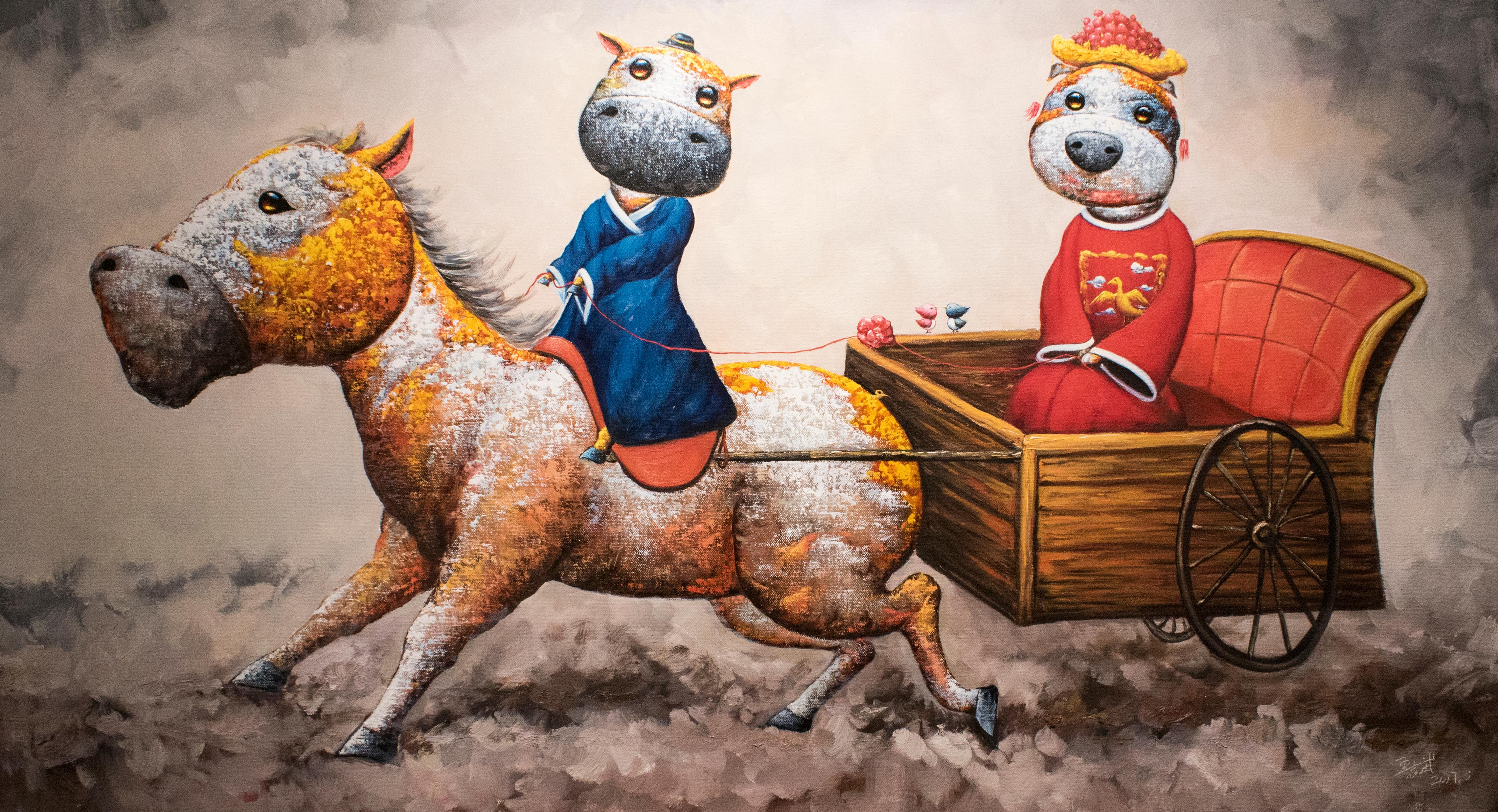 Couple Series, Comic Animals Modern Pop Art, Dog & Cow wedding riding horse