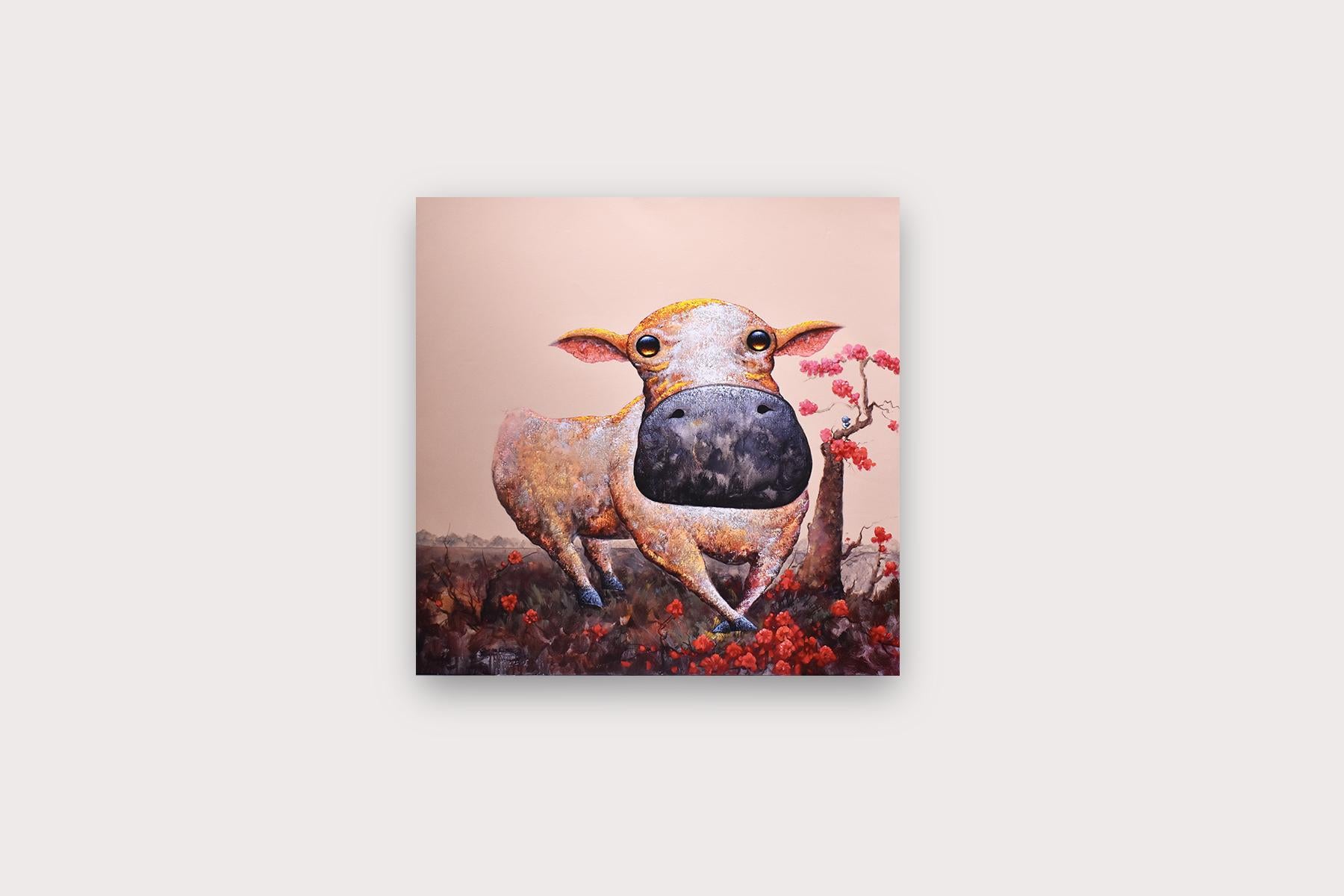 „Fleisch“, modernes Pop-Art-Gemälde mit Comic-Tieren, Kuh und Vogelbaum, auf Lager – Painting von Wang ZhiWu