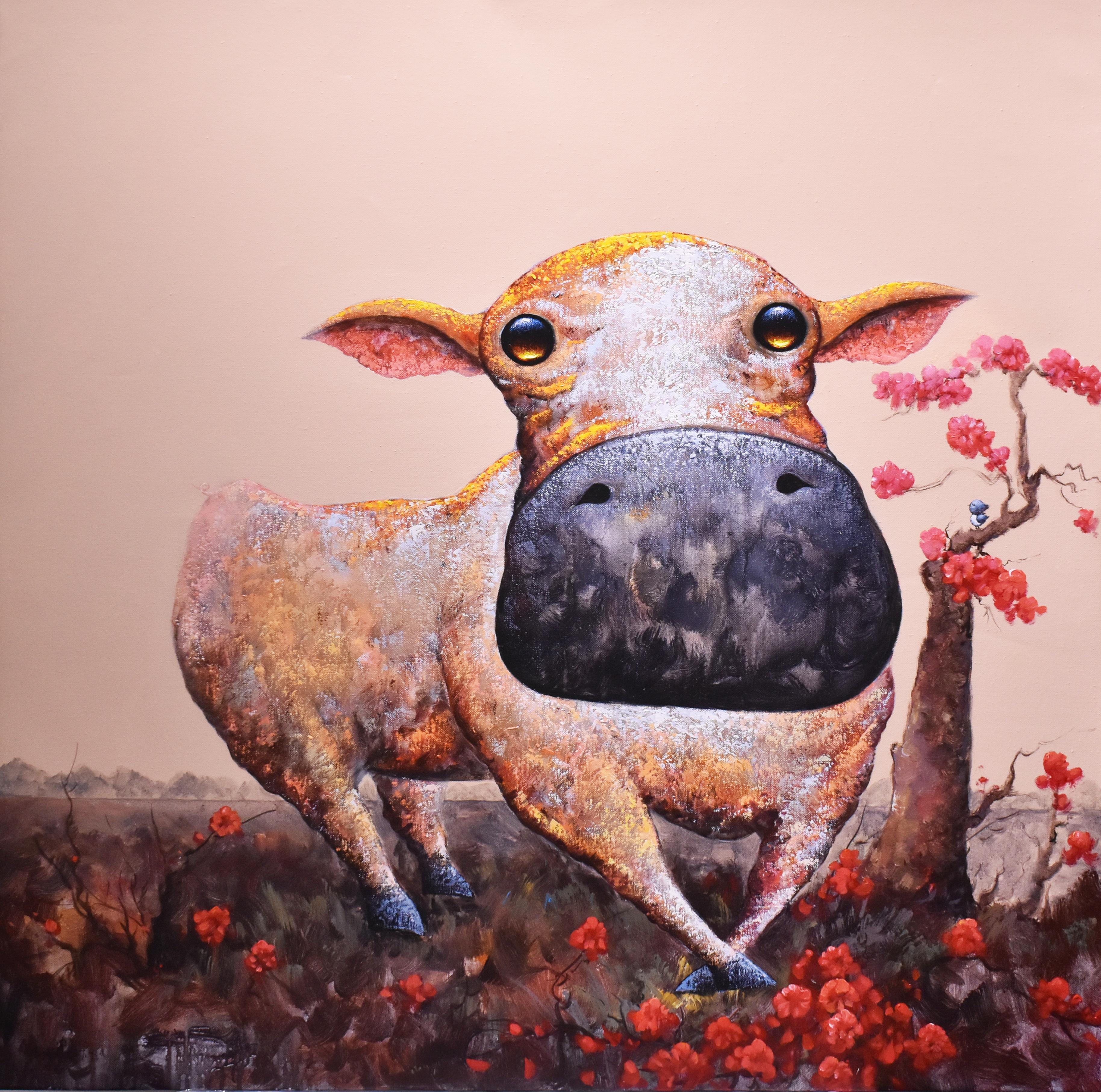 'Fun", Comic Animals Modern Pop Art Painting, Cow & Bird Tree, In Stock