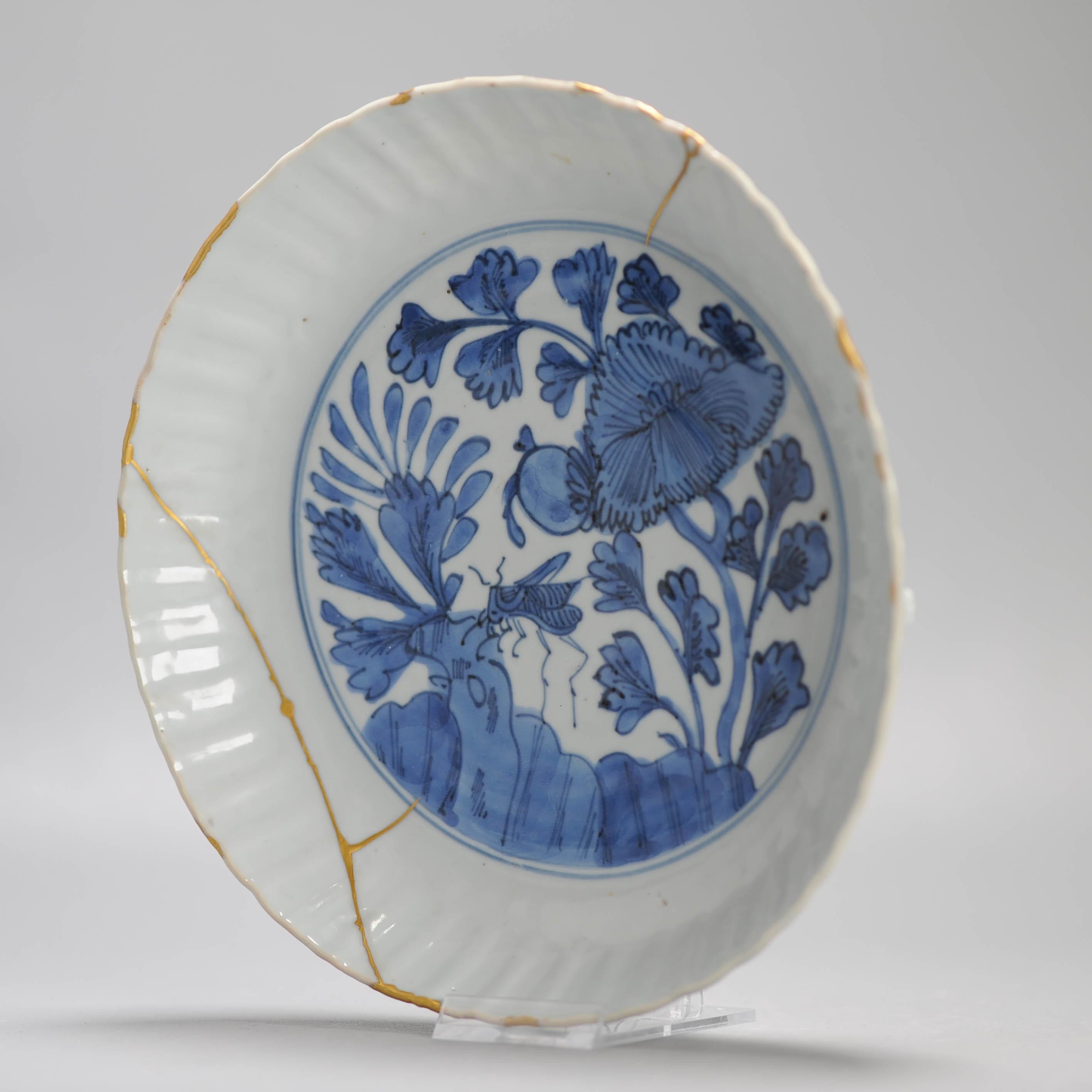 Wanli Antique Ming Period Chinese Porcelain Kraak Plate Grasshopper Kintsugi 6