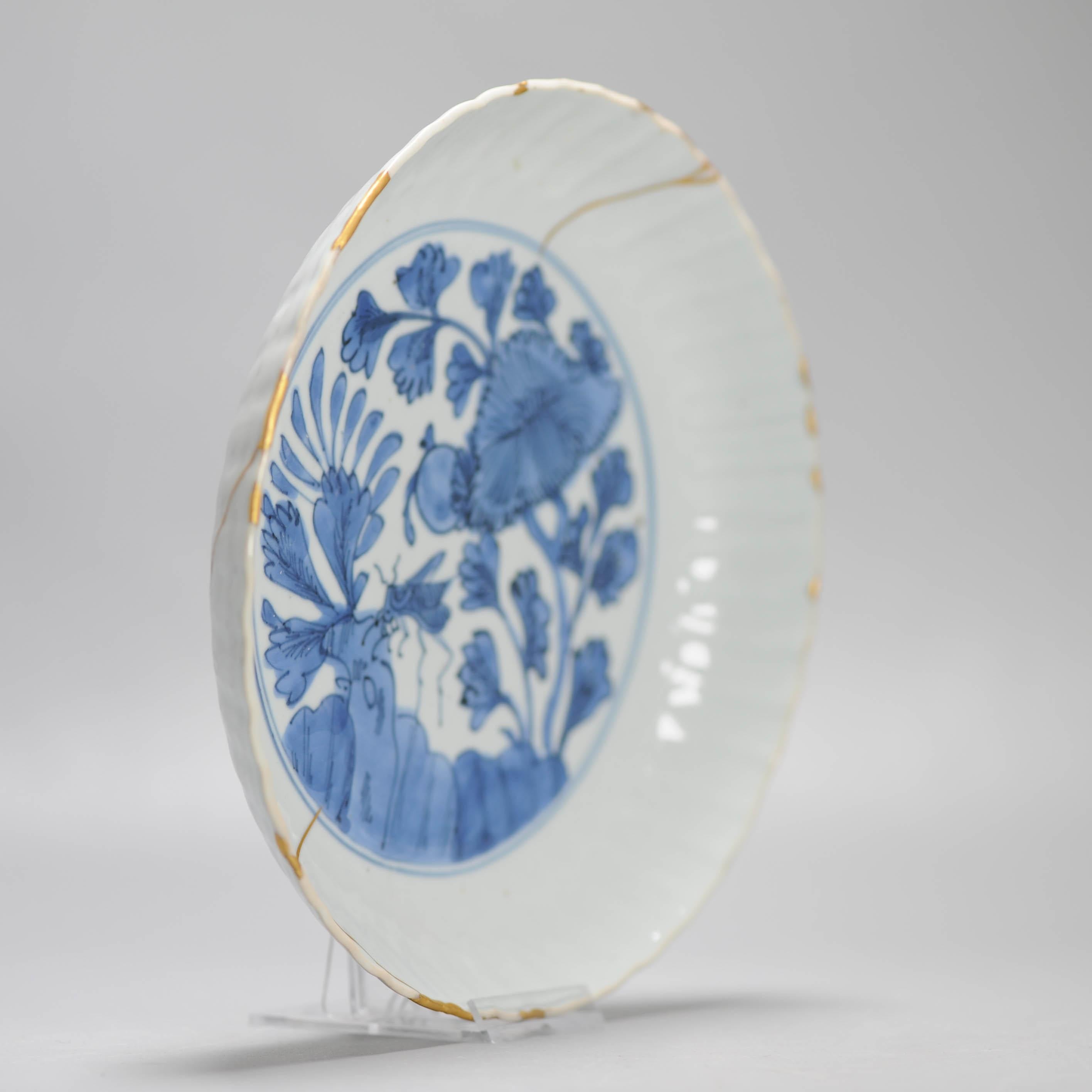 Wanli Antique Ming Period Chinese Porcelain Kraak Plate Grasshopper Kintsugi 9