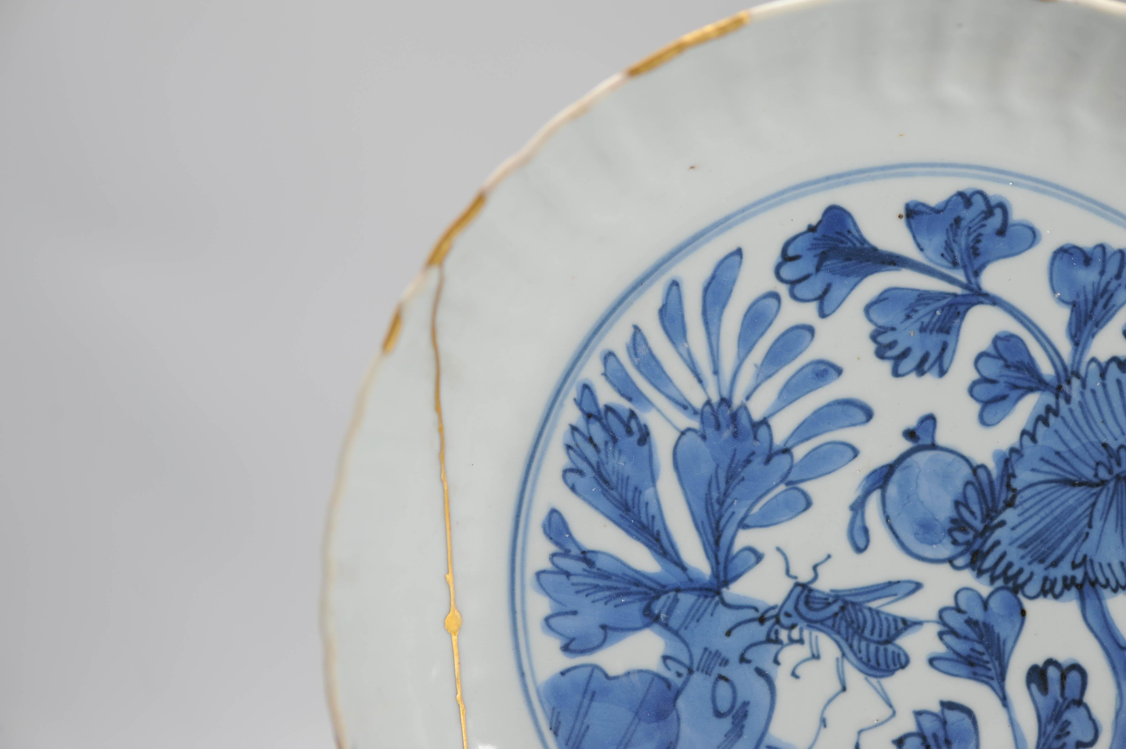 Wanli Antique Ming Period Chinese Porcelain Kraak Plate Grasshopper Kintsugi 10