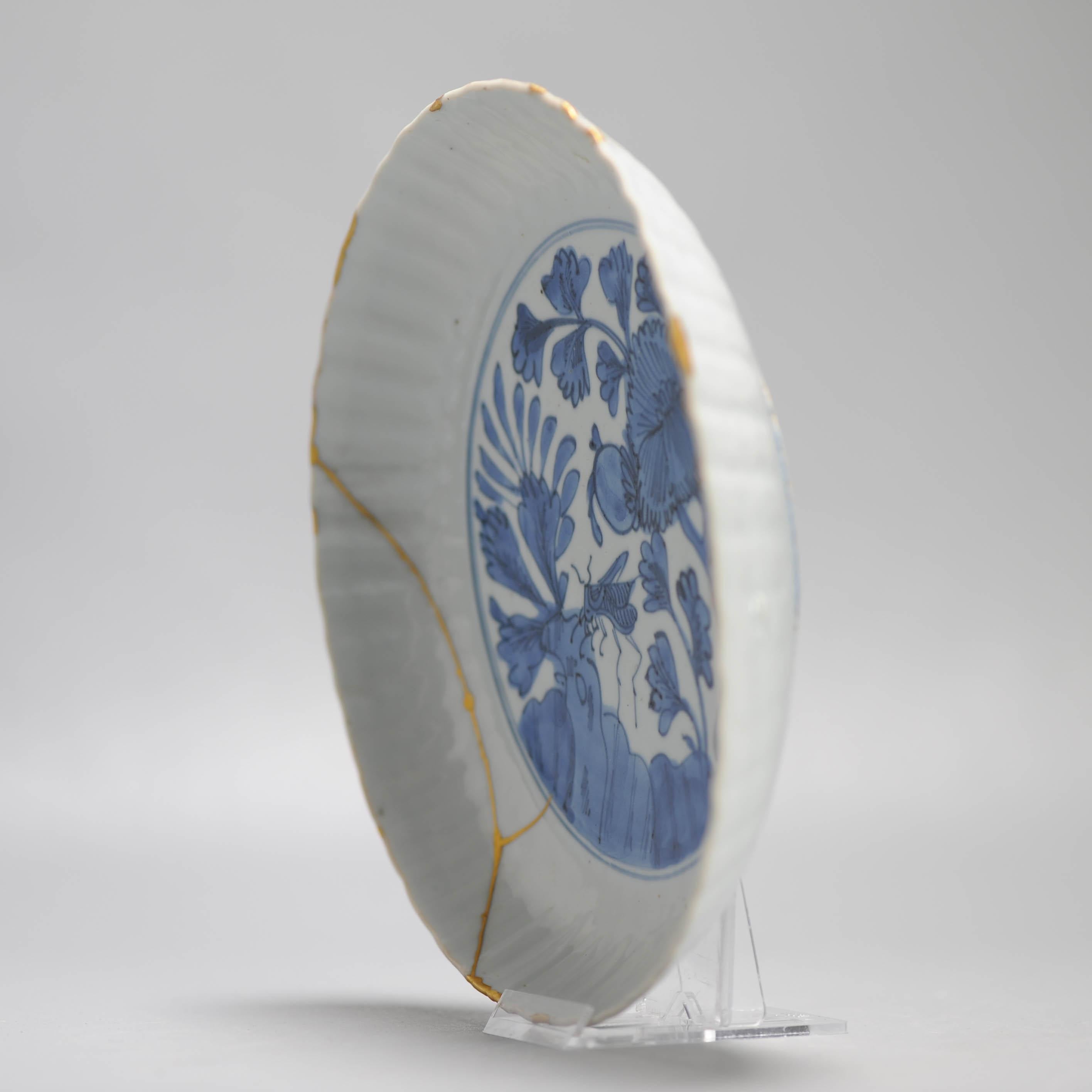 Wanli Antique Ming Period Chinese Porcelain Kraak Plate Grasshopper Kintsugi 11