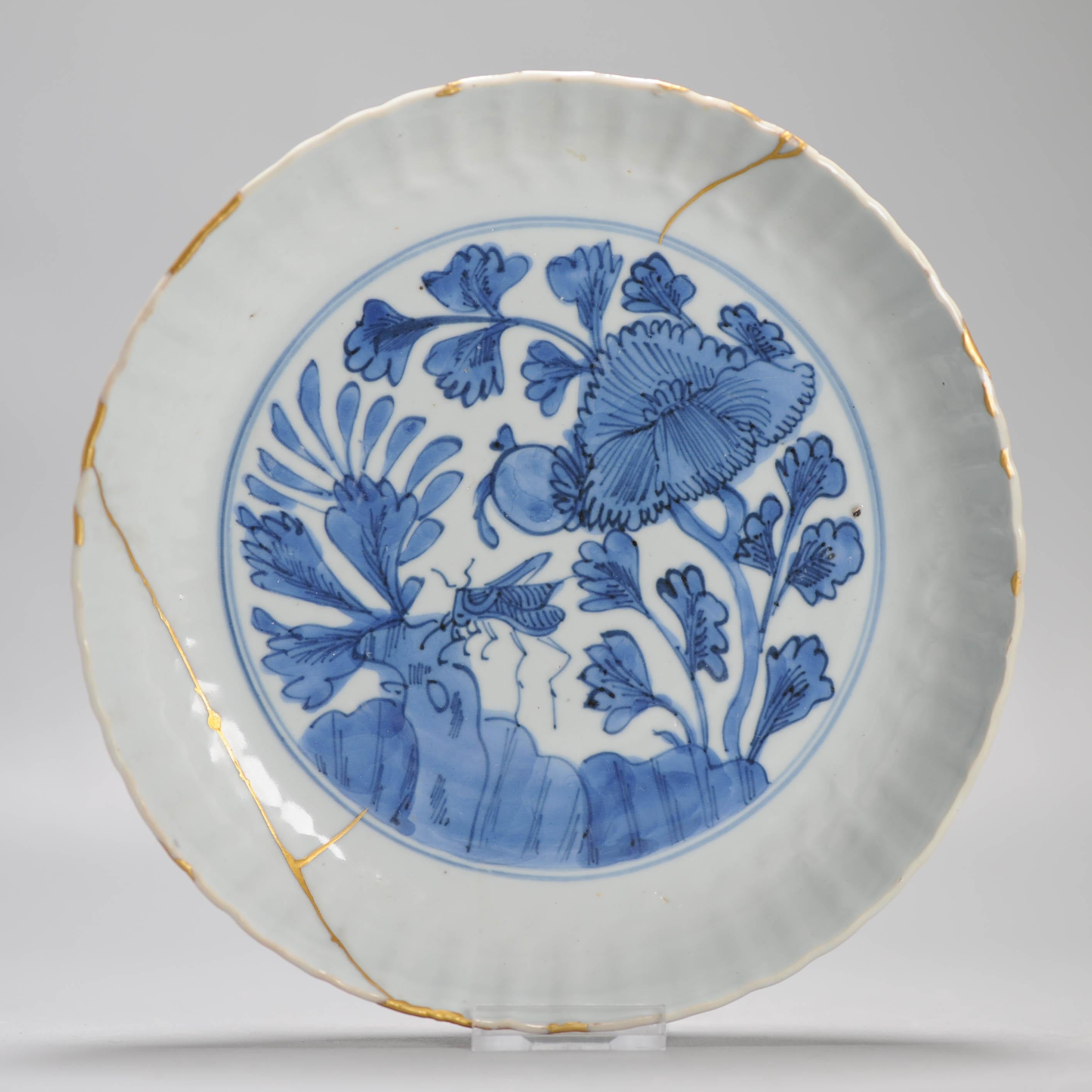 Wanli Antique Ming Period Chinese Porcelain Kraak Plate Grasshopper Kintsugi 12