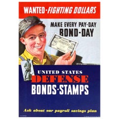 "Wanted- Fighting Dollars." Vintage WWII Defense Bond Poster, 1942