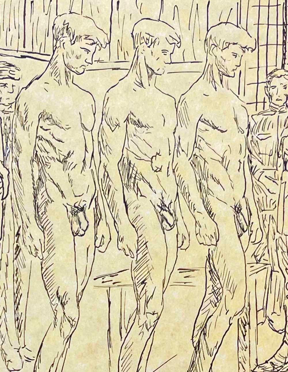 Clearly drawn to protest the induction and destruction of young men in the name of war, this ink sketch depicts three inductees in the British army, surrounded by uniformed officers judging their fitness to serve.  The artist has sketched the