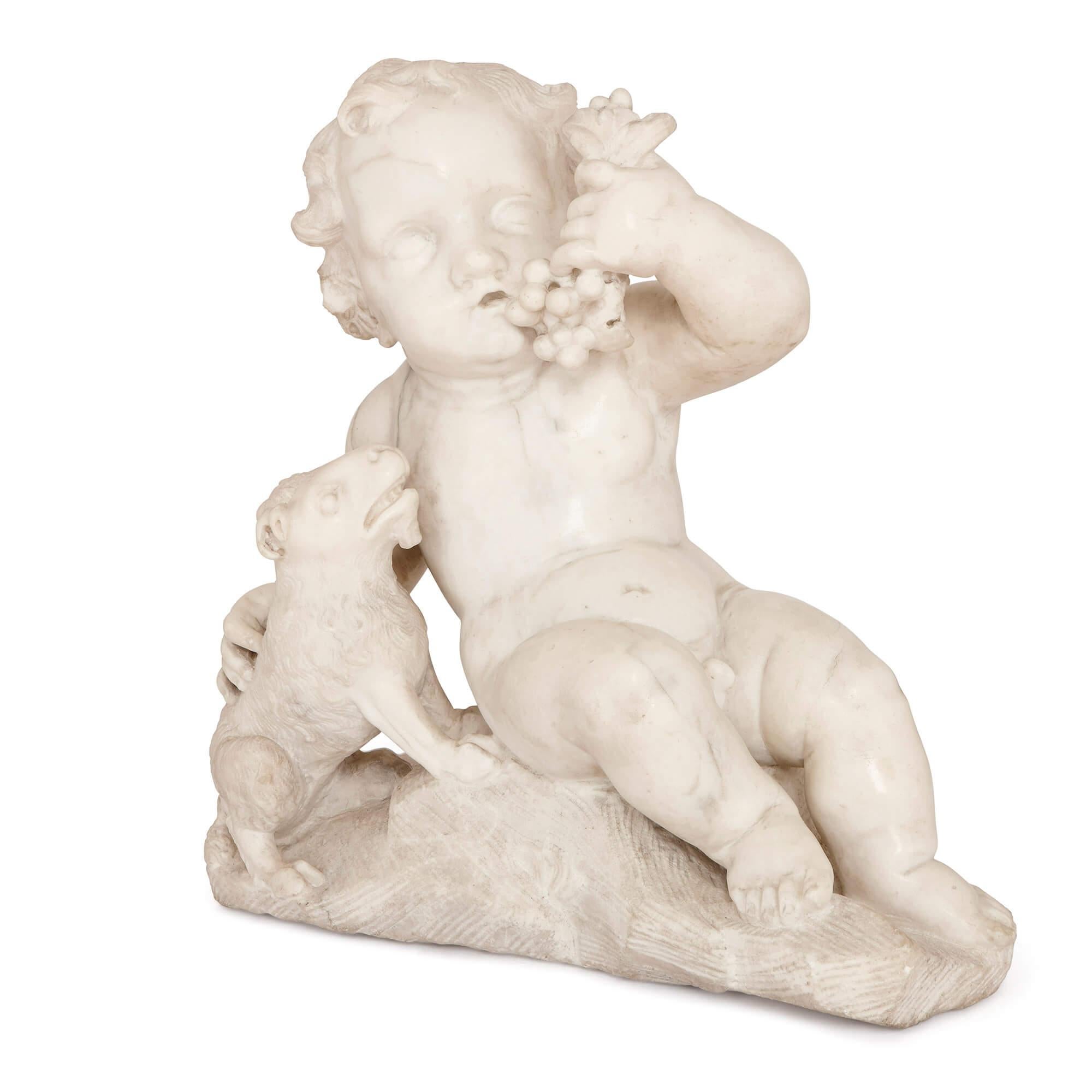 These beautiful antique marble figures are truly timeless works of sculpture, though they are almost 300 years old, they will still make joyous additions to a classical or antiques,inspired interior. The figures depict reclining putti with dogs, and
