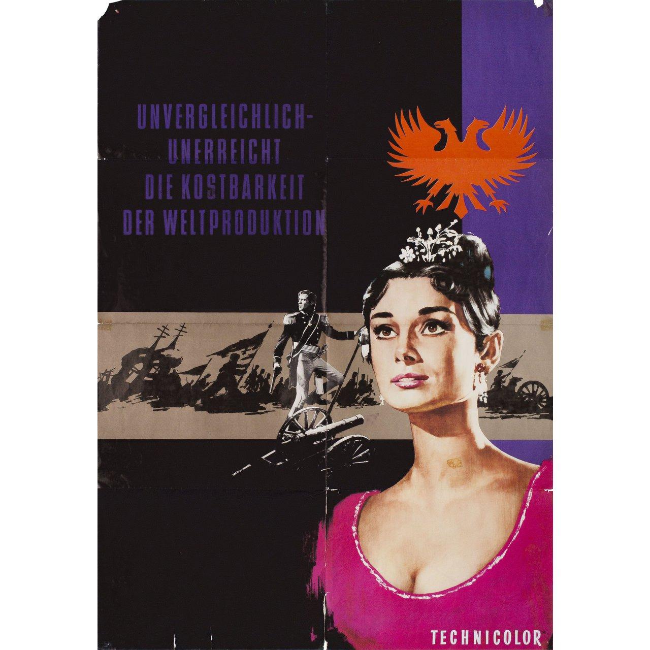 Original 1960s re-release German A1 poster by Lutz Peltzer for the 1956 film “War and Peace” directed by King Vidor with Audrey Hepburn / Henry Fonda / Mel Ferrer / Vittorio Gassman. Good very good condition, folded with fold separation. Many