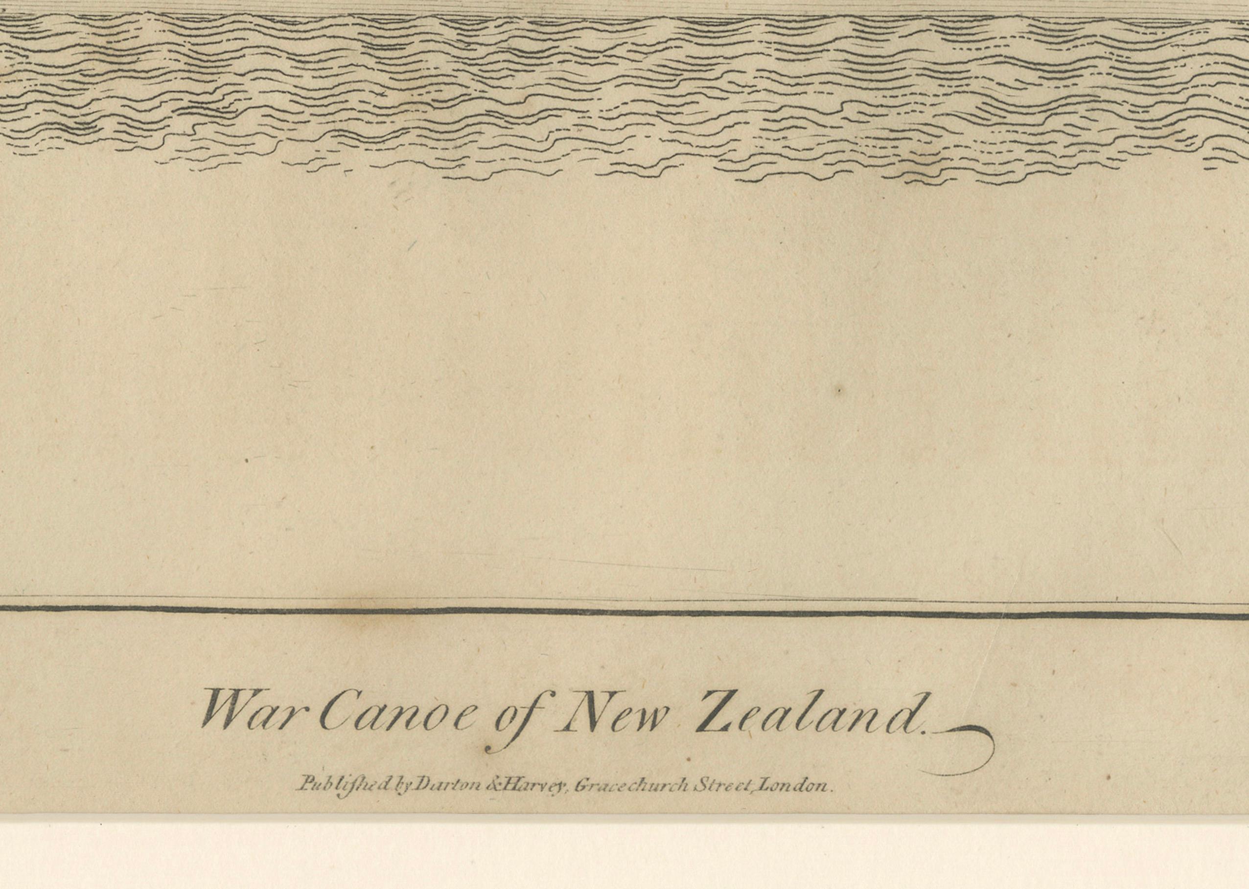 Kriegskanu von Neuseeland - Antiker Kupferstich eines Māori Waka, um 1802

Beschreibung:
Dieser antike Stich zeigt ein traditionelles Māori-Kriegskanu (waka taua) aus Neuseeland, das mit bemerkenswerter linearer Präzision und Liebe zum Detail