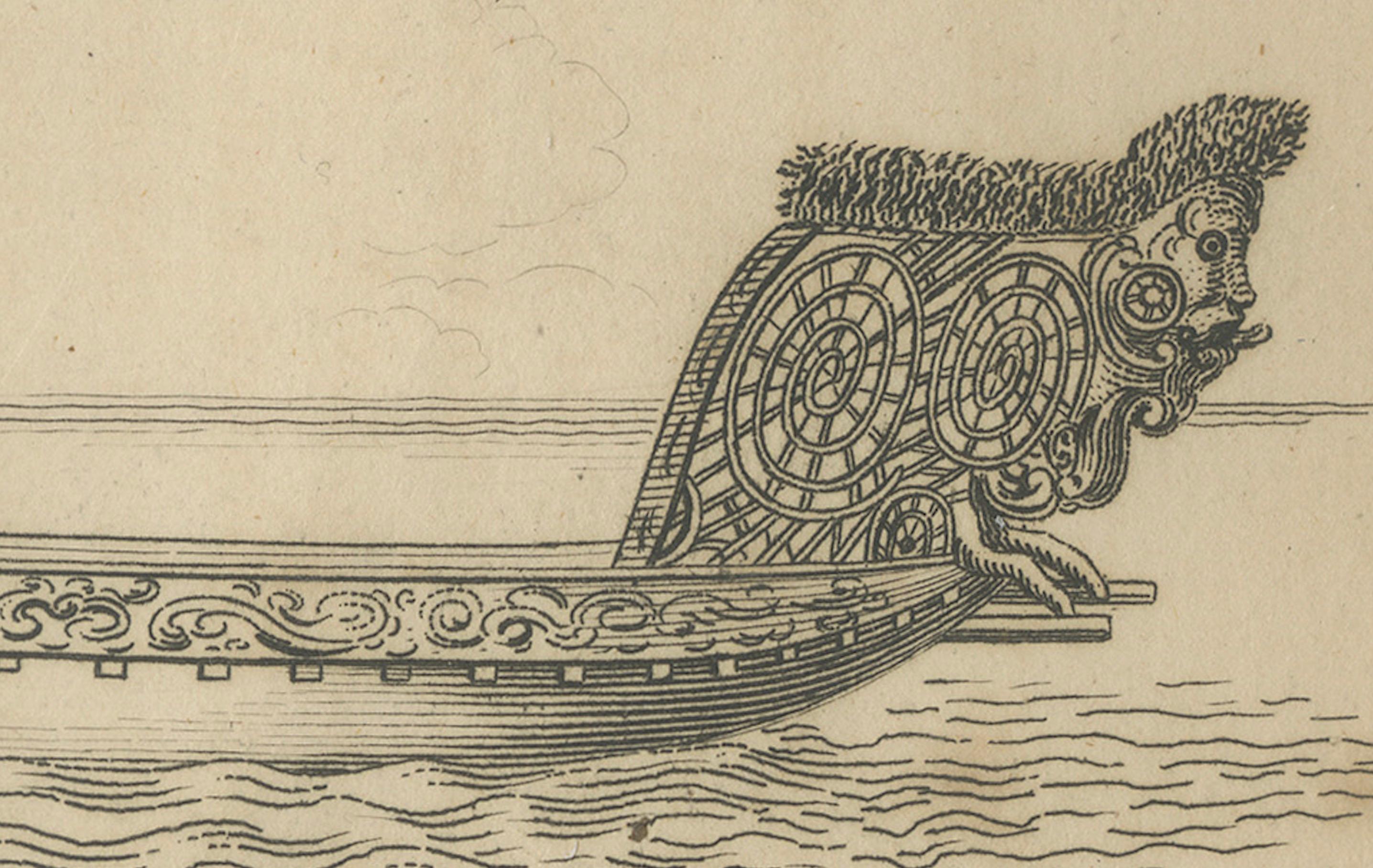 Kriegskanu von Neuseeland - Antiker Kupferstich eines Māori Waka, um 1802 (Englisch) im Angebot