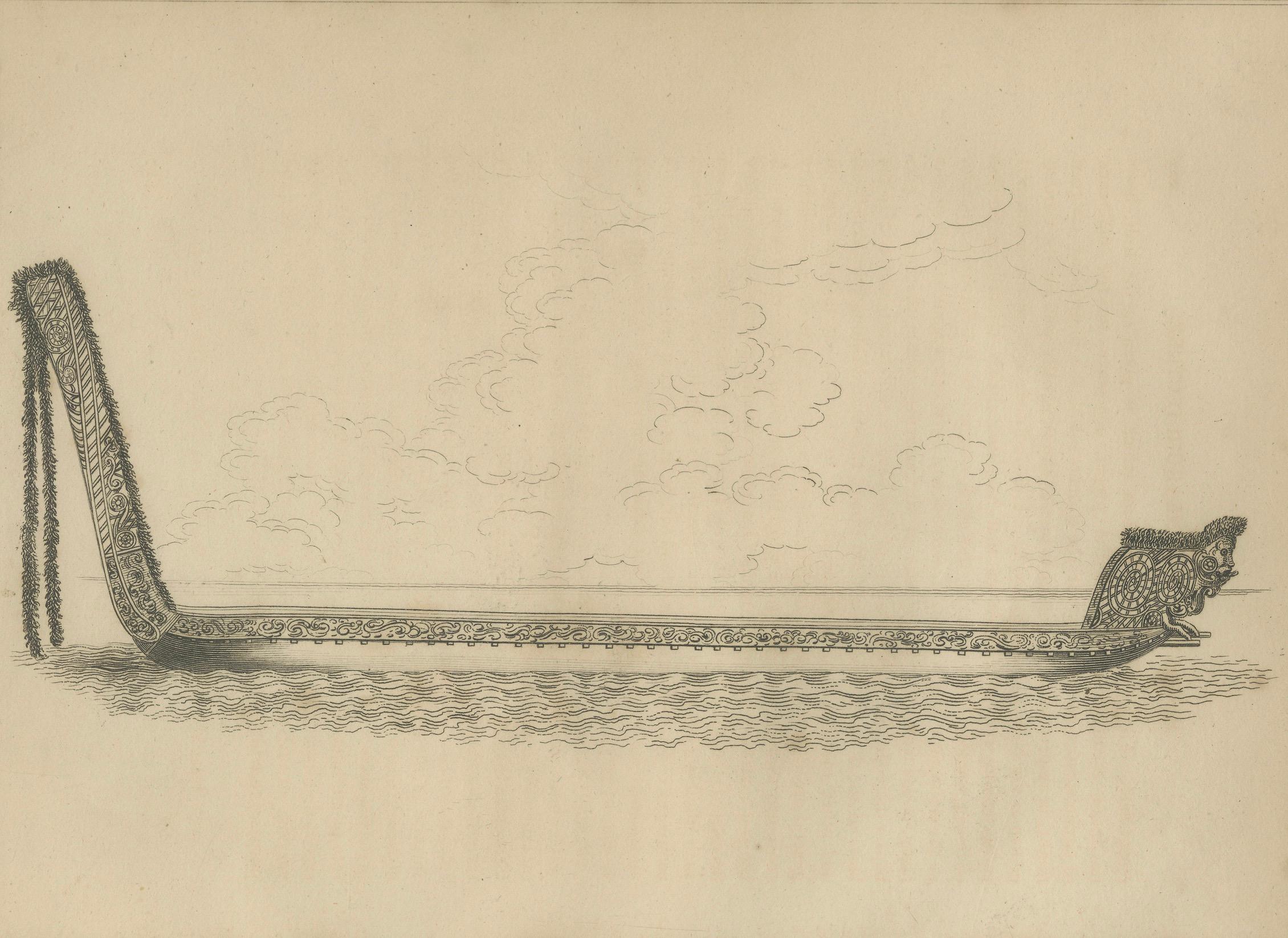 Kriegskanu von Neuseeland - Antiker Kupferstich eines Māori Waka, um 1802 (Graviert) im Angebot