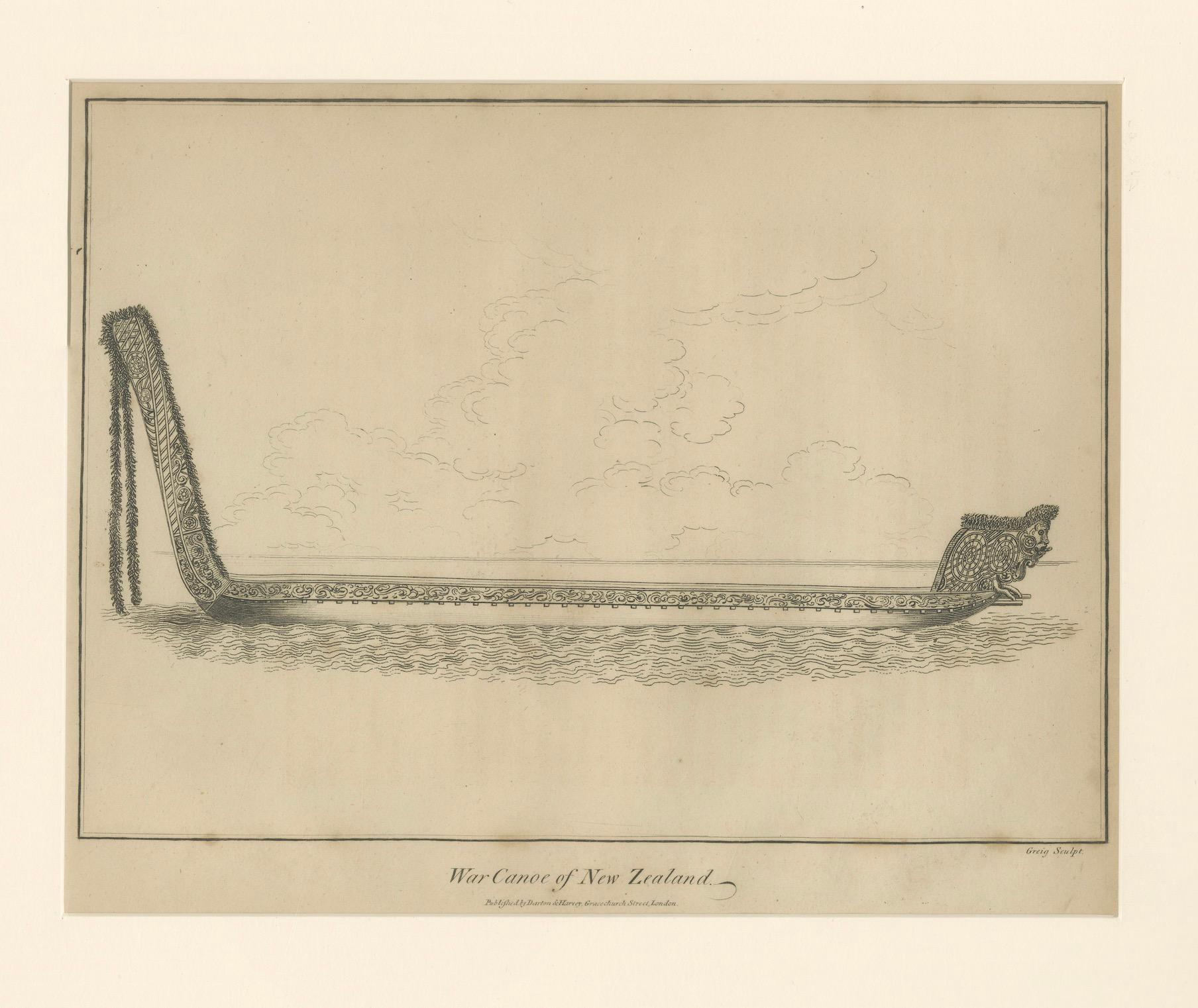 Kriegskanu von Neuseeland - Antiker Kupferstich eines Māori Waka, um 1802 im Zustand „Gut“ im Angebot in Langweer, NL