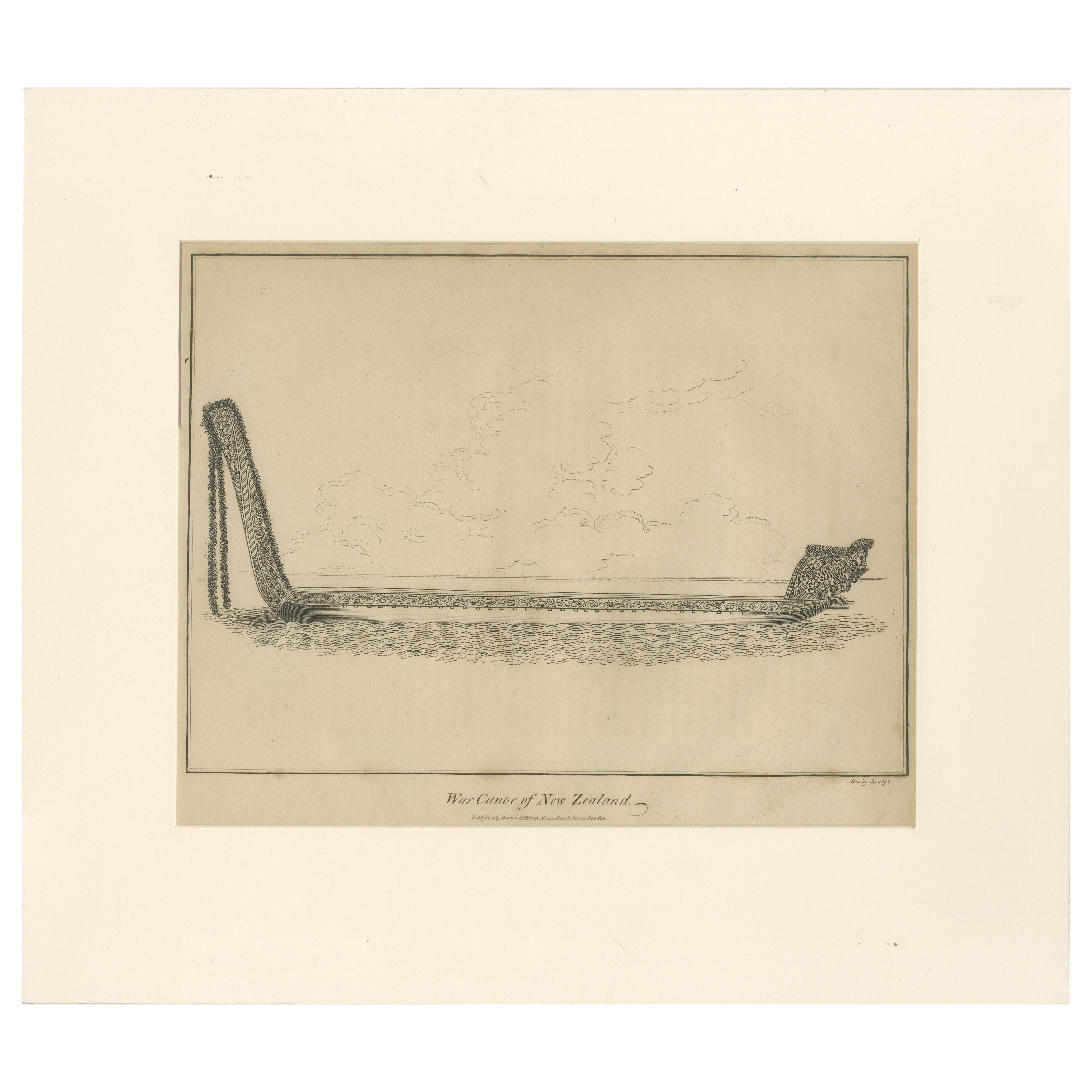 Kriegskanu von Neuseeland - Antiker Kupferstich eines Māori Waka, um 1802