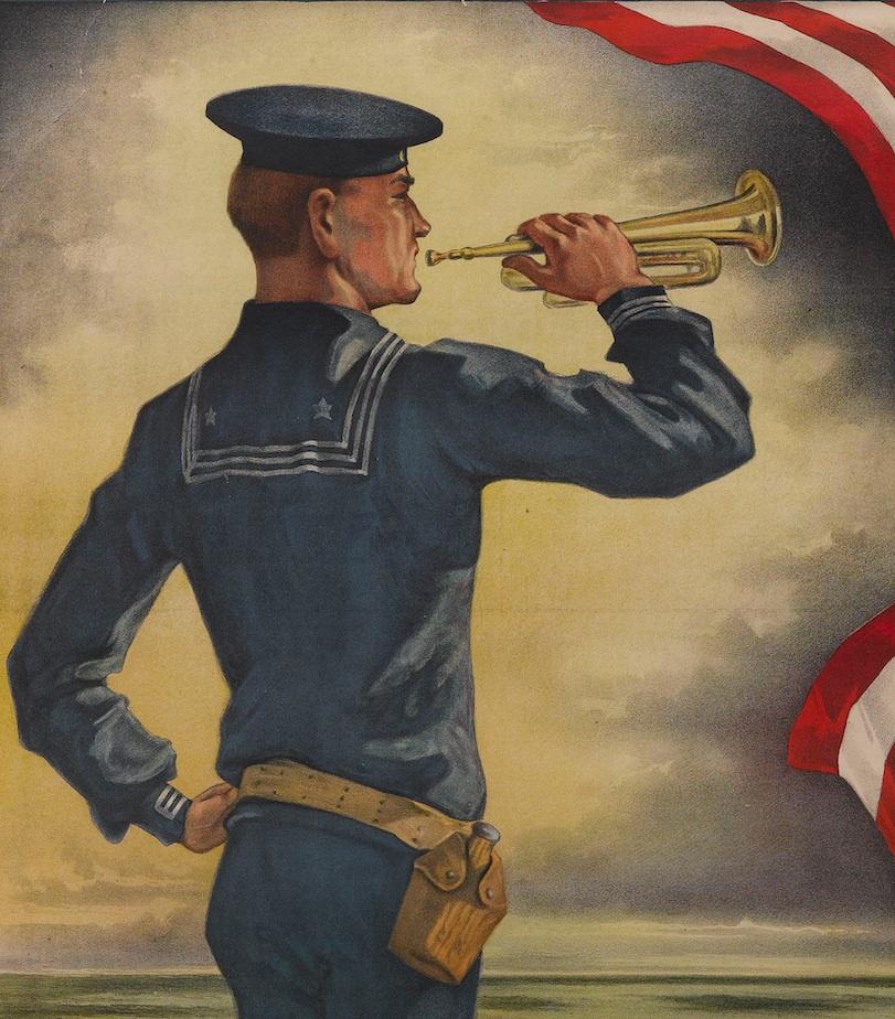 This propaganda poster was designed by Hazel Roberts (1883-1966) to encourage onlookers to join the U.S. Navy League. The poster was issued in 1916 and features a depiction of a Navy soldier facing the horizon and playing a bugle. The text at bottom