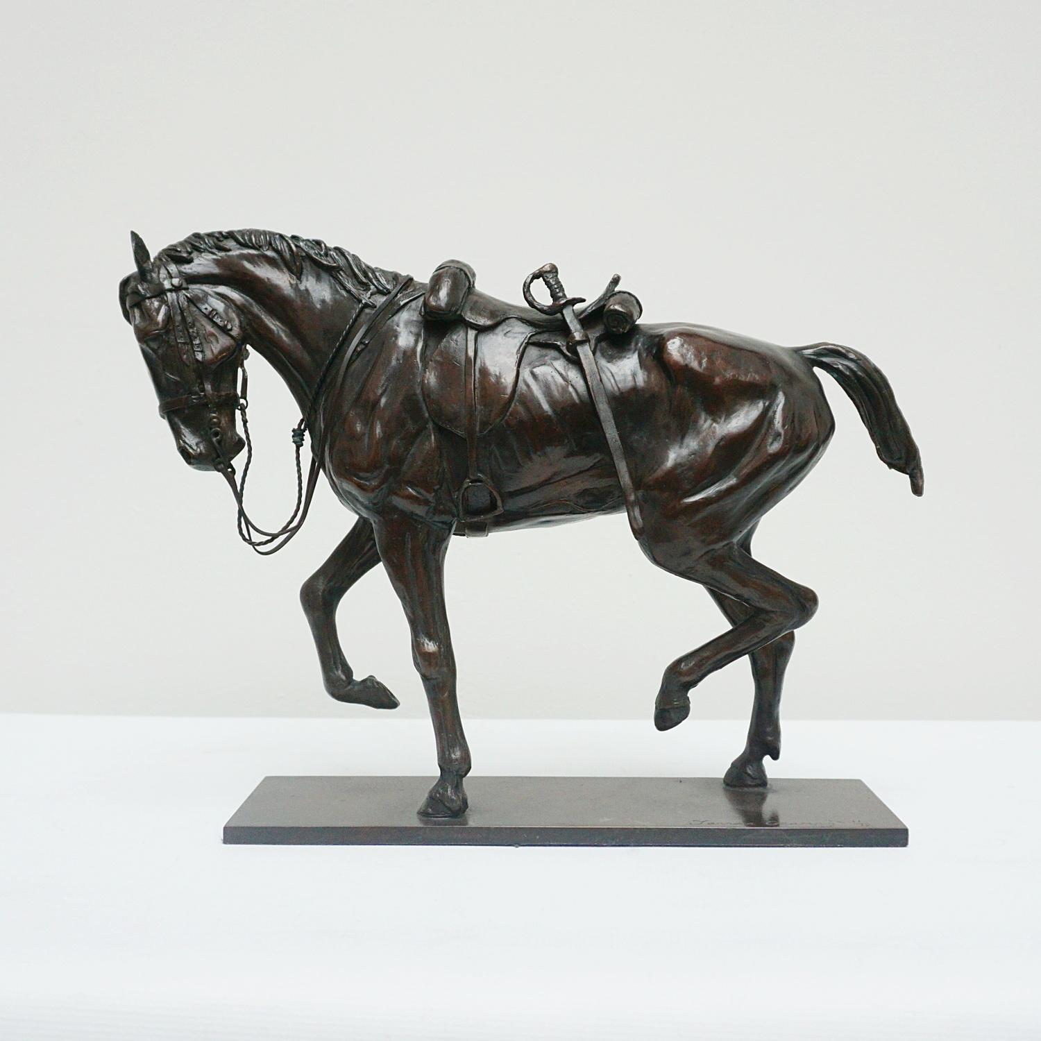 A contemporary solid bronze sculpture of a War horse in movement by Contemporary artist Jenna Gearing. Rich dark brown patination and fine hand finished detail. Limited edition of 12. Signed Jenna Gearing 11/12 to base. 

Jenna Gearing is a