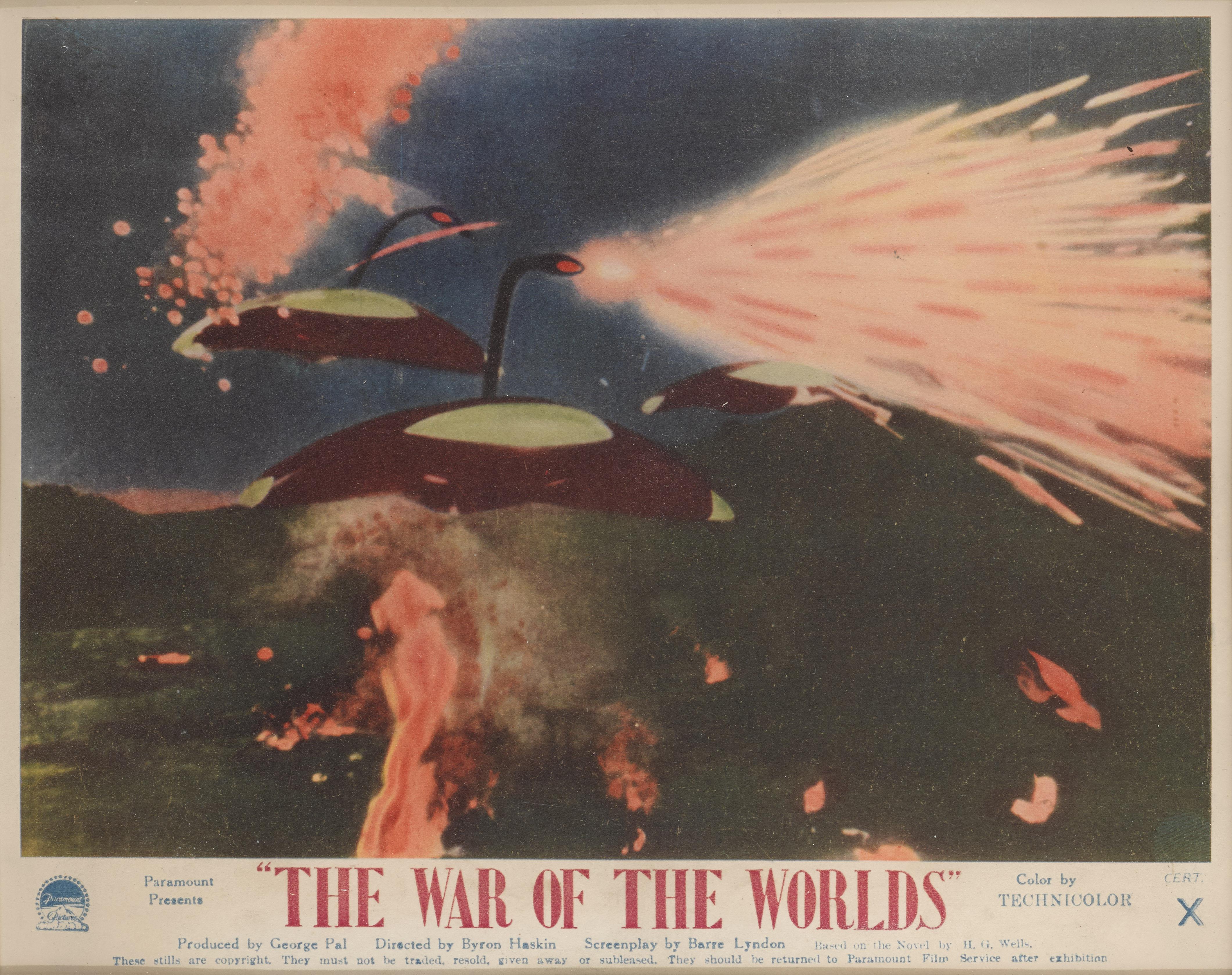 Original British front of house card for The War of the Worlds 1953 it was used inside the foyer of the cinema.
This artwork featuring the invading spacecraft is the best card from the set of 8.
The film is one of the most famous science fiction
