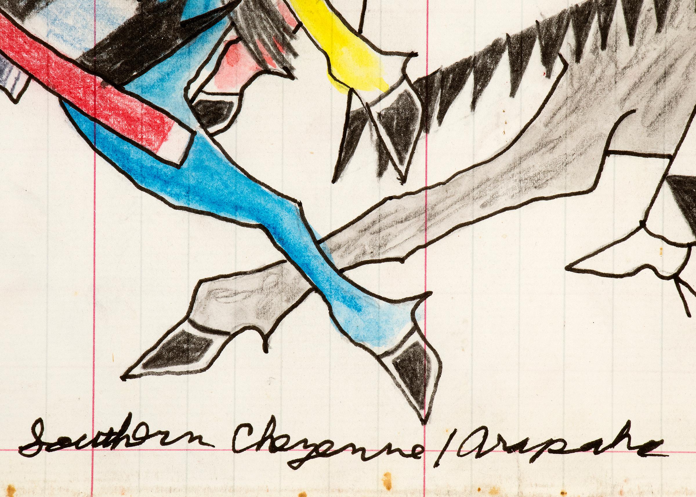 War Party Scene, Native American Ledger Art Drawing, 2021, Red, Blue, Yellow In Good Condition In Denver, CO