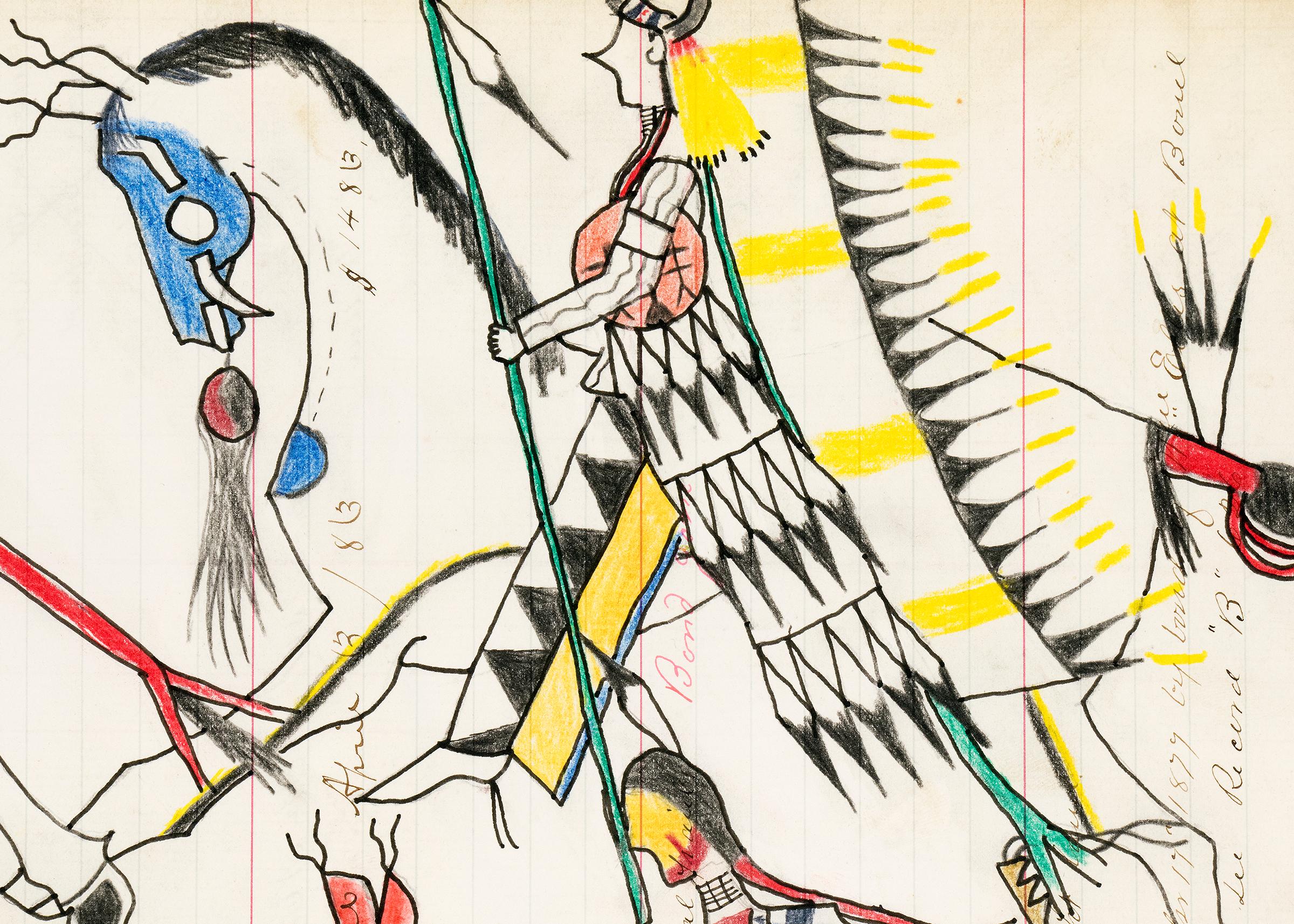 War Party Scene, Native American Ledger Art Drawing, 2021, Red, Blue, Yellow 1