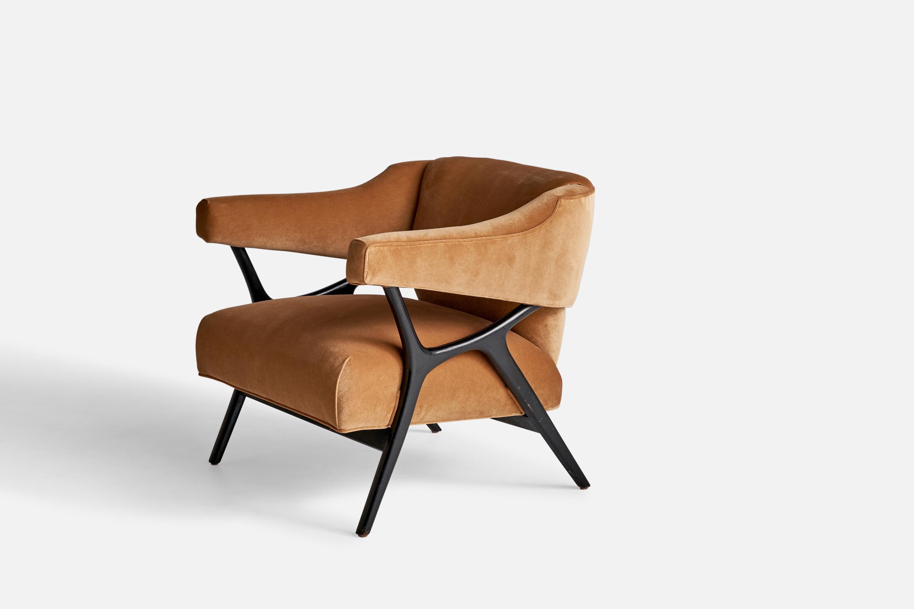 A black-painted wood and orange brown velvet lounge chair designed by Ward Bennet, 1958.

Seat height 16.25”