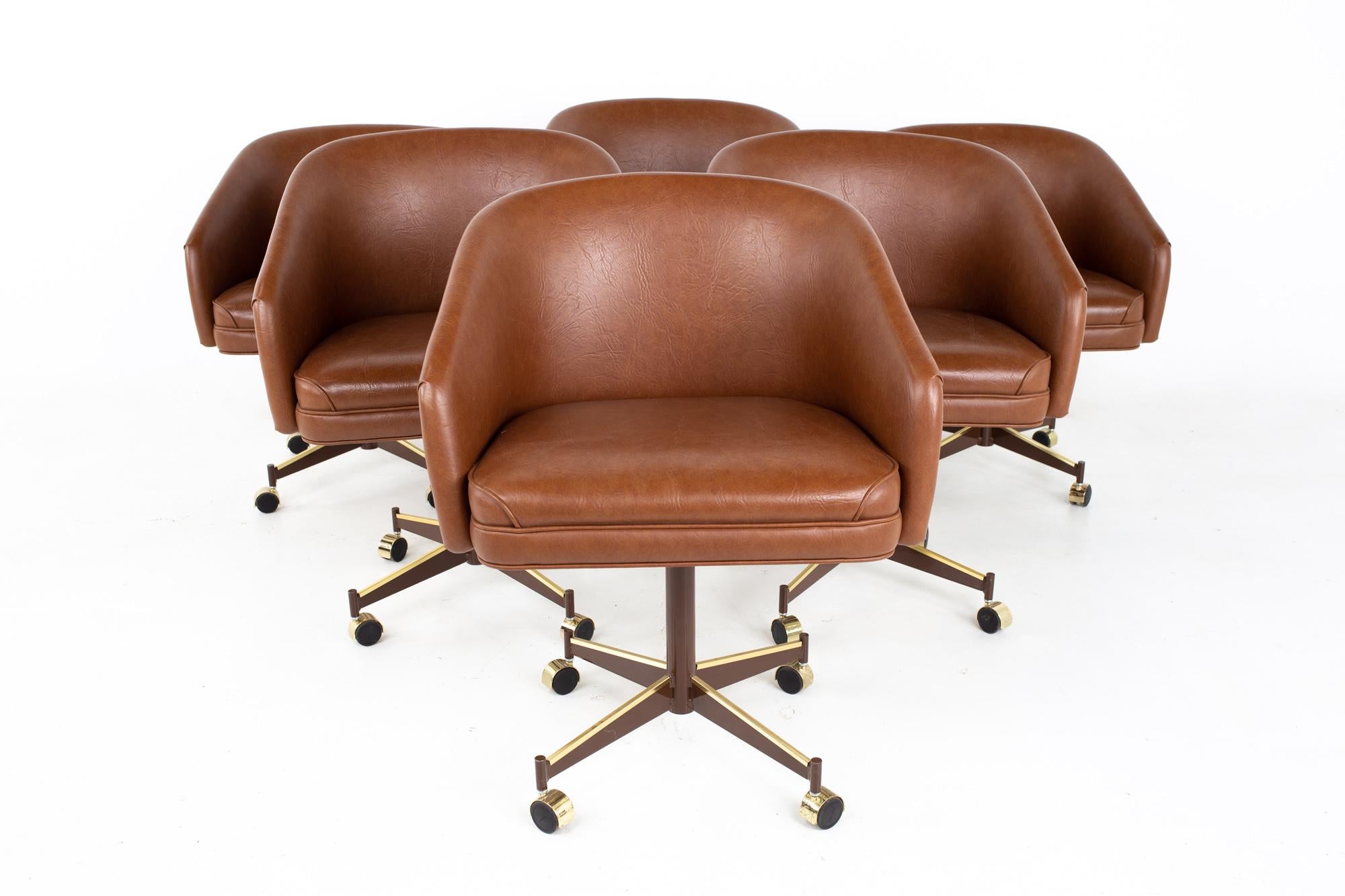 Mid-Century Modern Ward Bennet Style Mid Century Brass Tufted Swivel Club Chairs, Set of 6