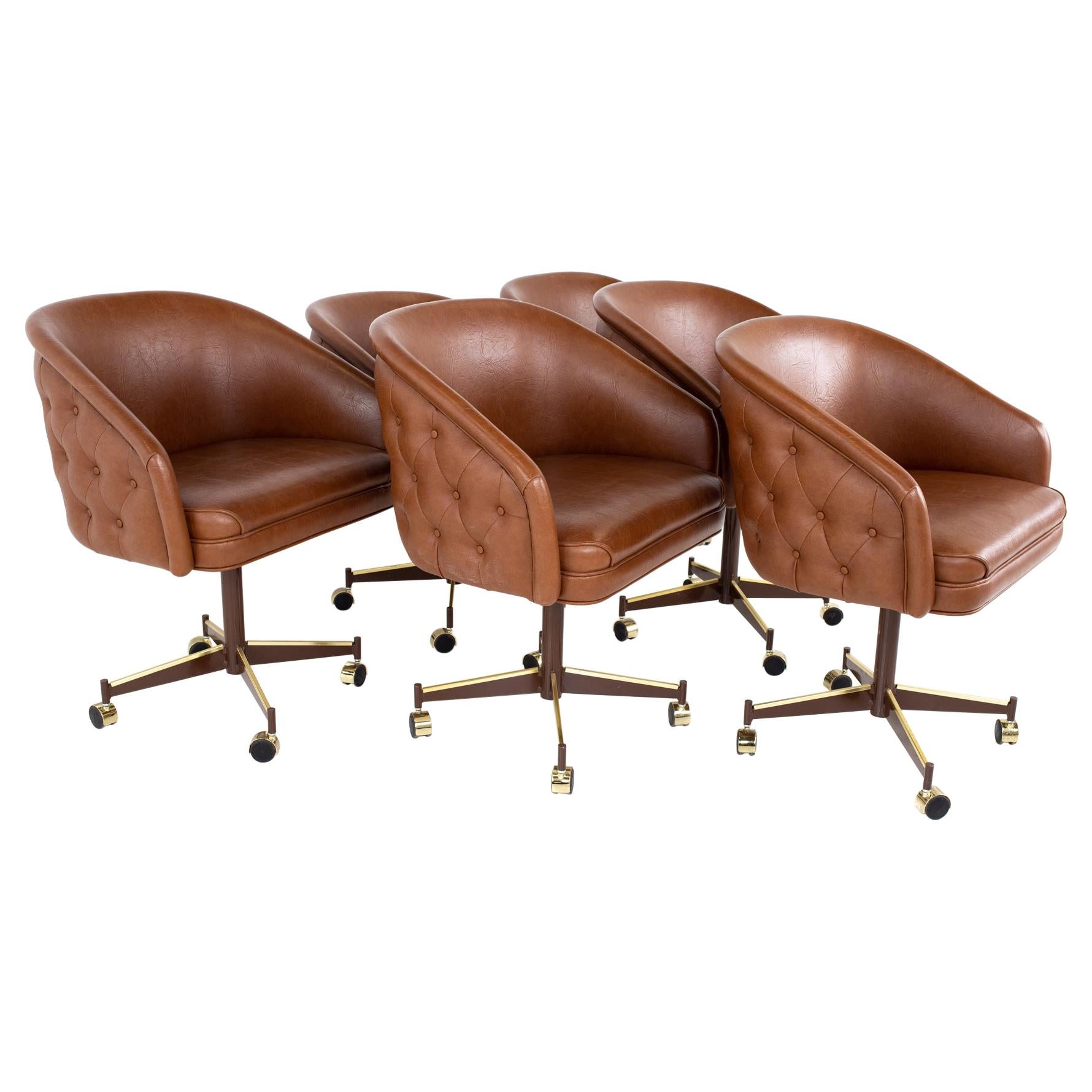 Ward Bennet Style Mid Century Brass Tufted Swivel Club Chairs, Set of 6