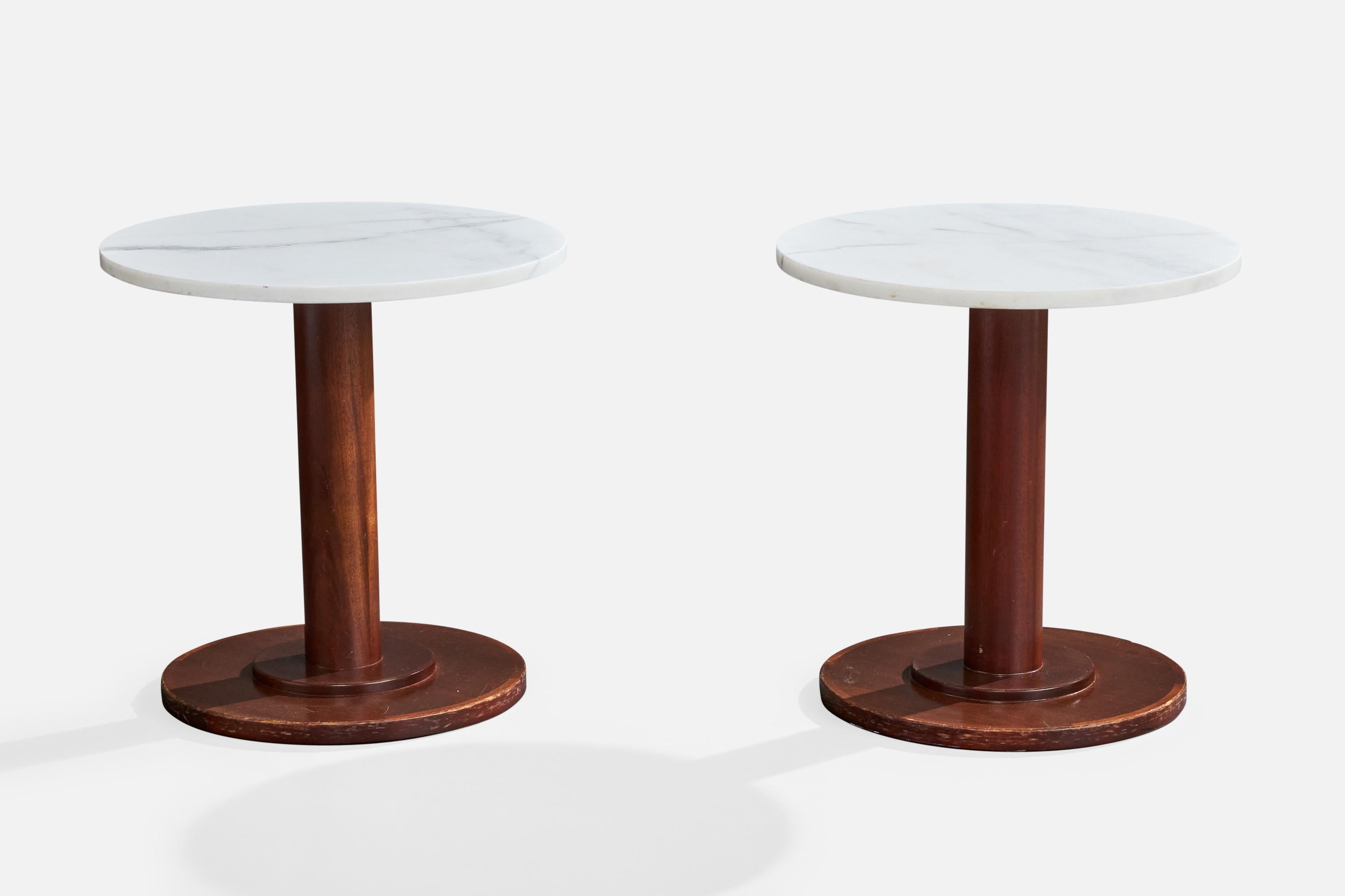 A pair of mahogany and marble side tables attributed to Ward Bennett for Brickel & Associates, USA, c. 1970s. 

Overall Dimensions (inches): 20.125