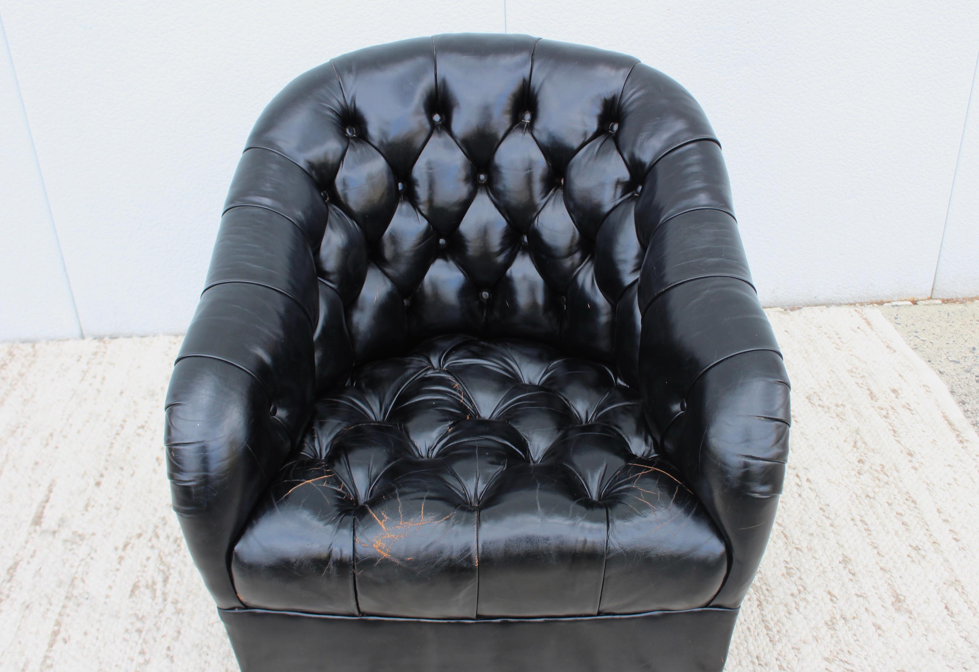 American Ward Bennett Black Leather Swivel Club Chair