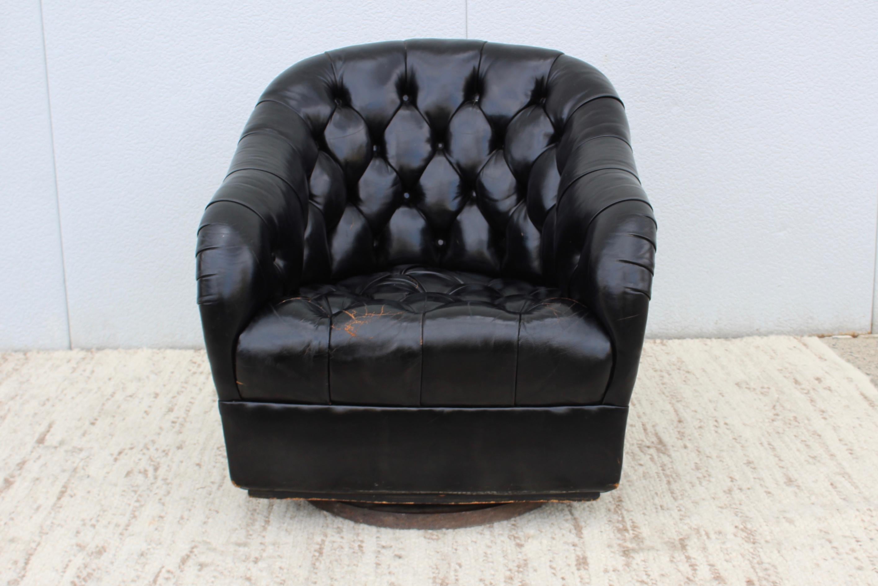 Late 20th Century Ward Bennett Black Leather Swivel Club Chair