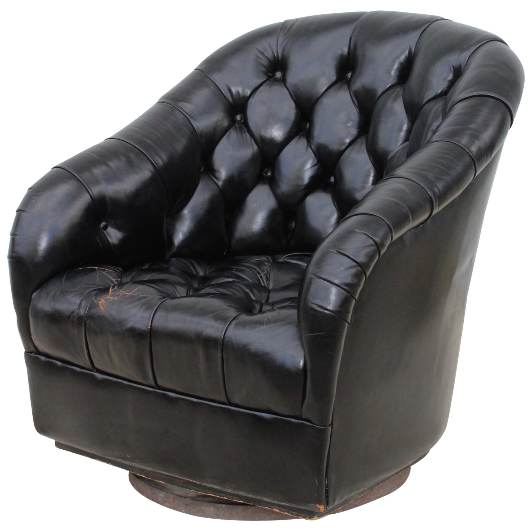 Ward Bennett Black Leather Swivel Club Chair