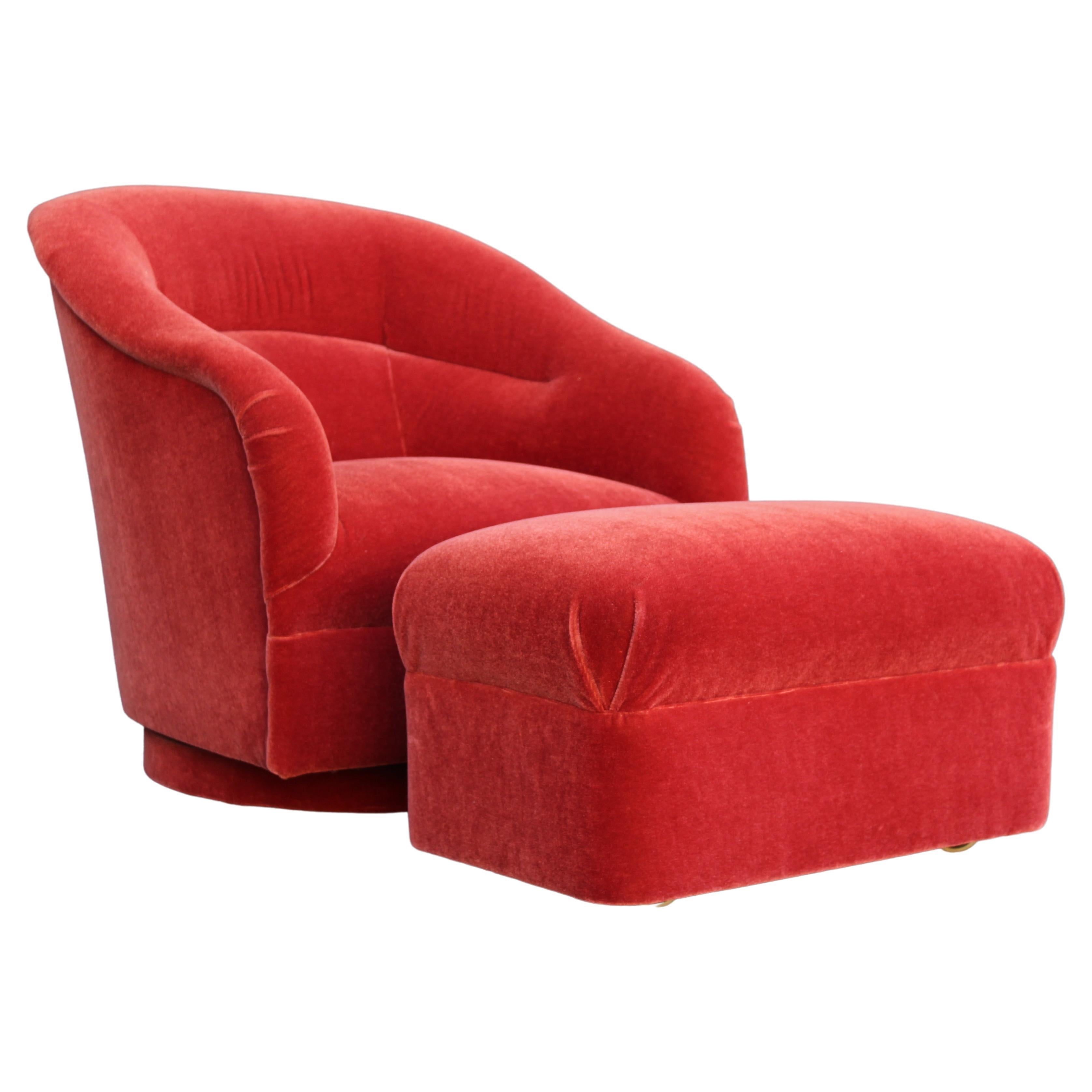 Ward Bennett Brickel Red Mohair Upholstered Swivel Tub Lounge Chair With Ottoman