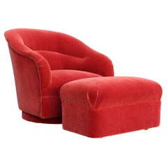 Vintage Ward Bennett Brickel Red Mohair Upholstered Swivel Tub Lounge Chair With Ottoman