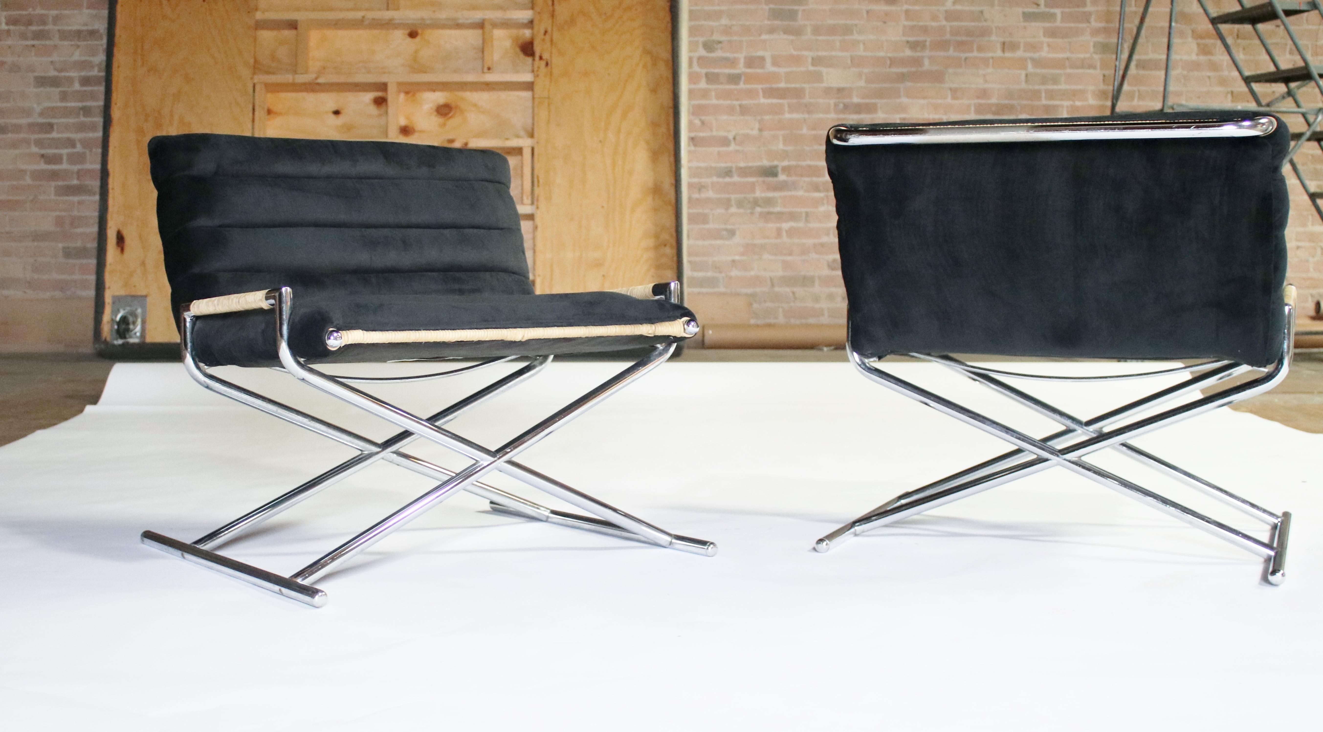 Pair of upholstered and rattan sled chairs on chrome frame by Ward Bennett for Brickell, 1984. Labelled.