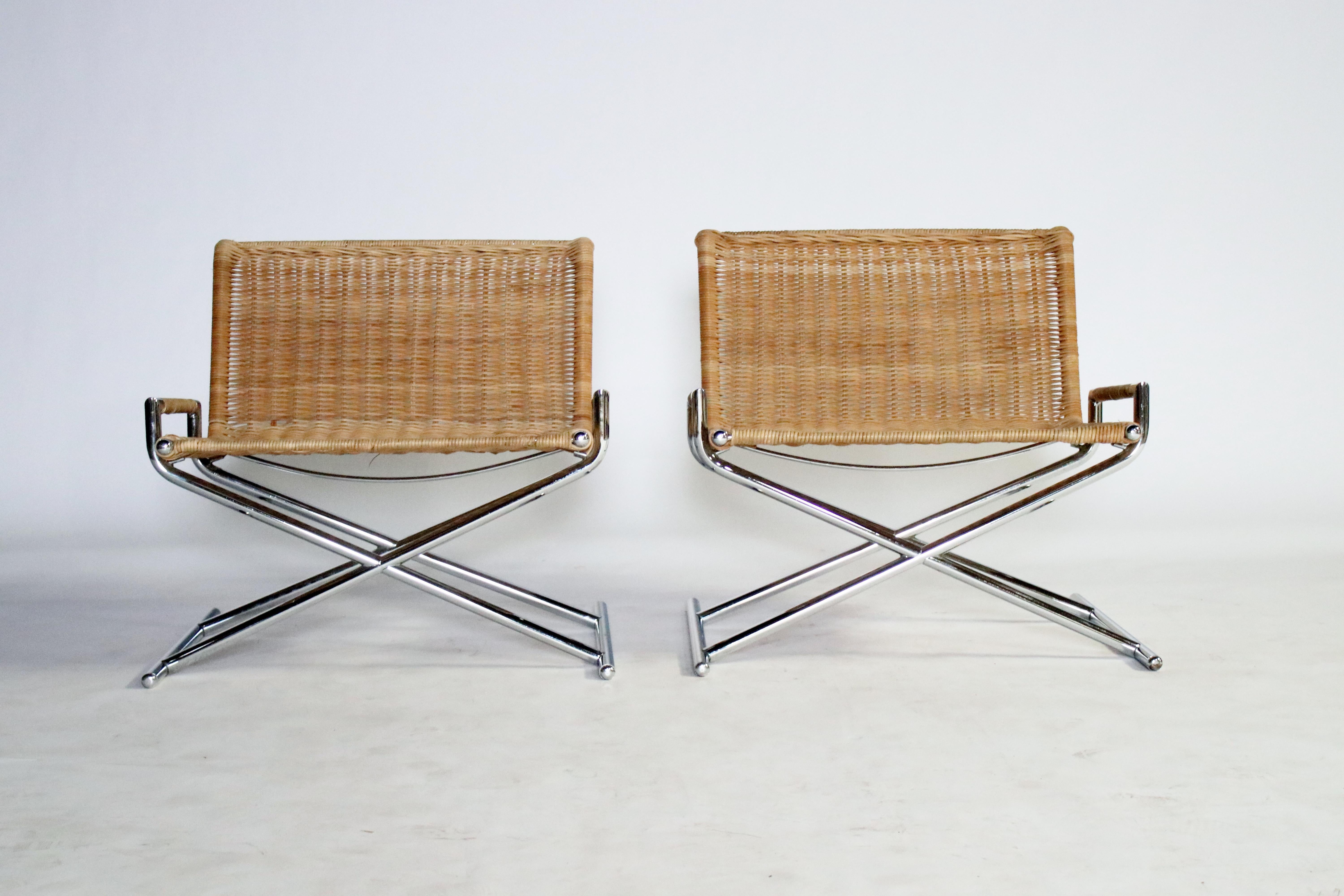 Pair of rattan sled chairs on chrome frame by Ward Bennett for Brickell, 1984. Labelled.