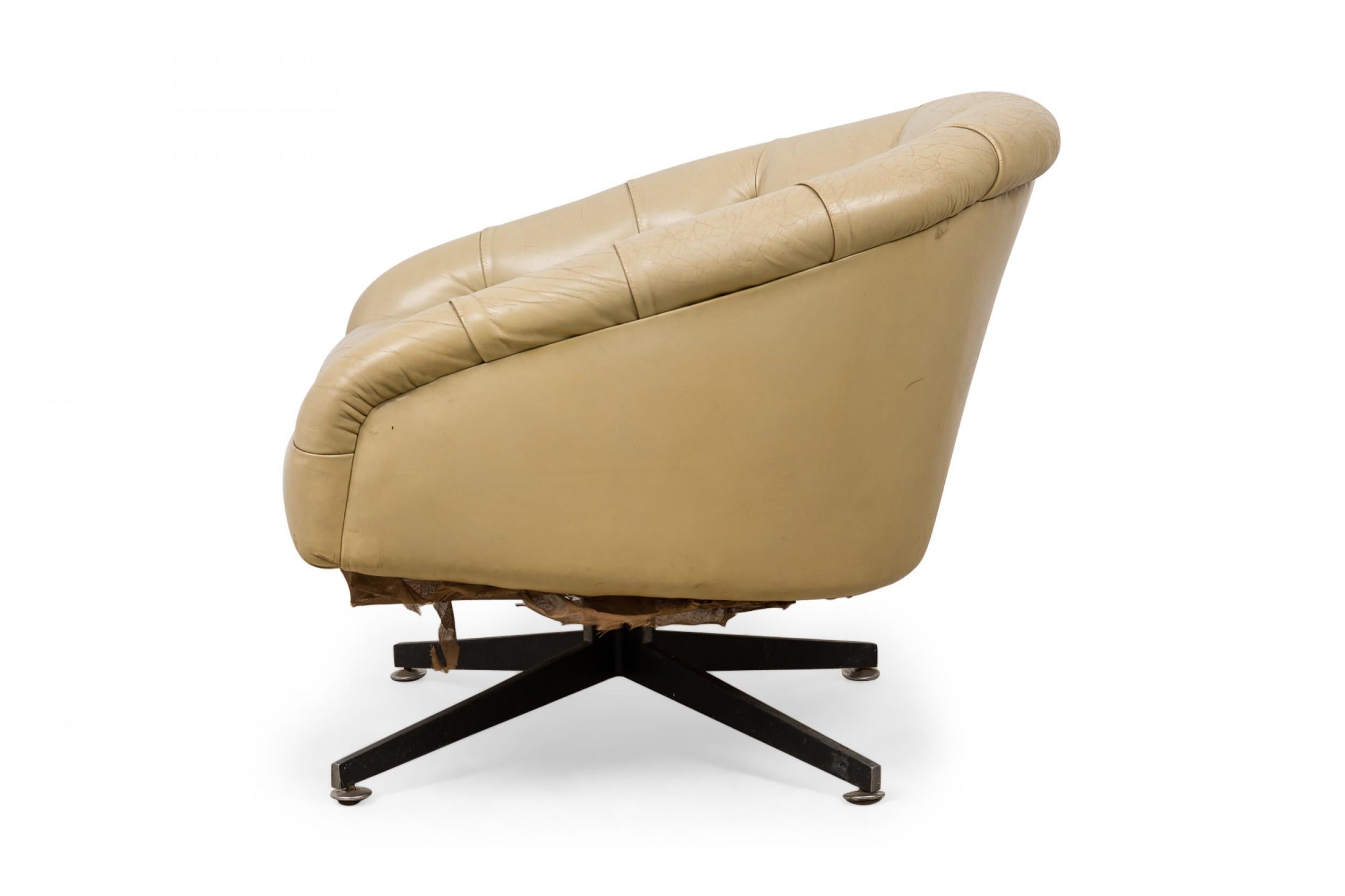 Mid-Century Modern Ward Bennett Chrome and Beige Tufted Leather Swivel Tub Lounge / Armchair For Sale