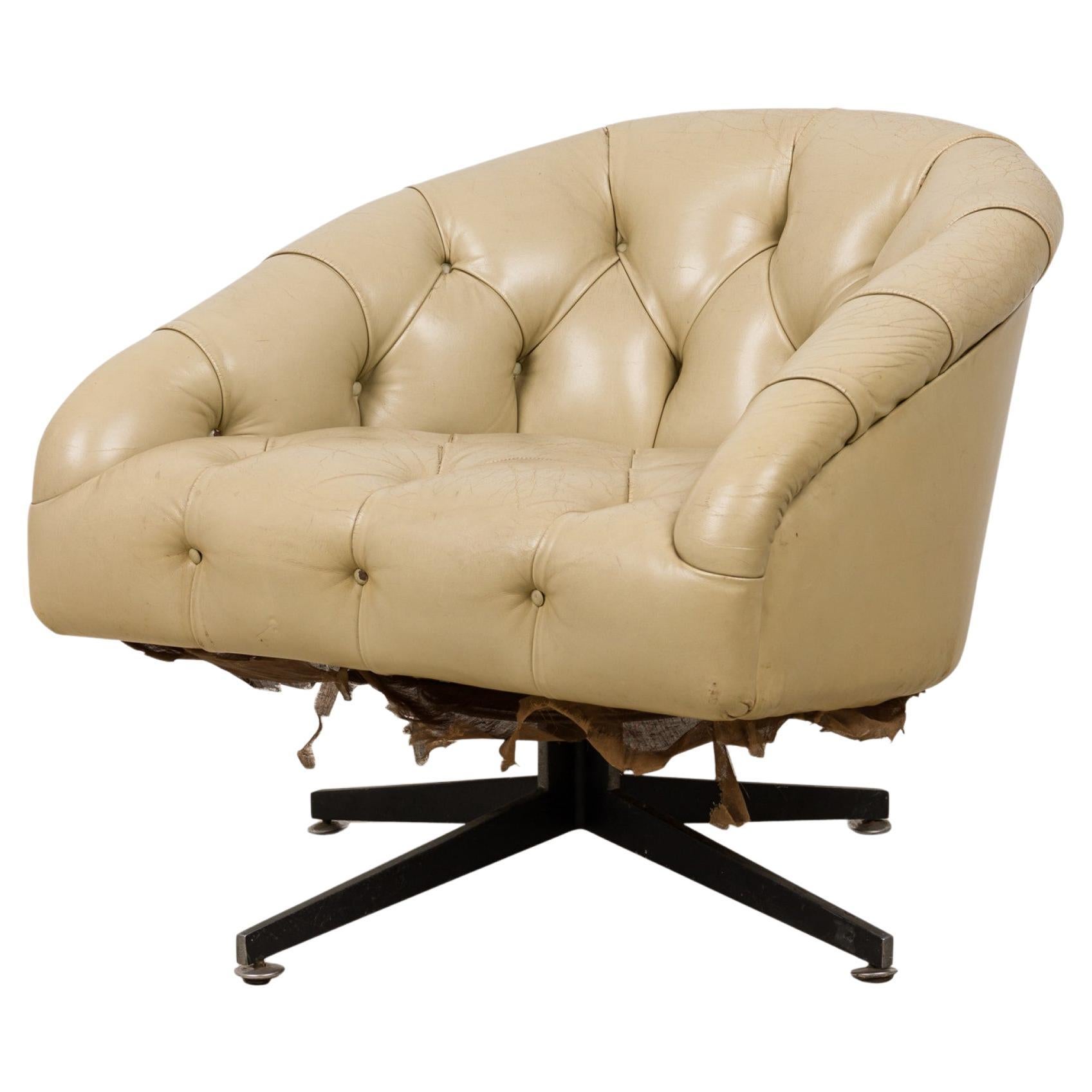 Ward Bennett Chrome and Beige Tufted Leather Swivel Tub Lounge / Armchair For Sale