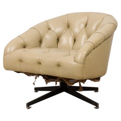 Ward Bennett Chrome and Beige Tufted Leather Swivel Tub Lounge / Armchair
