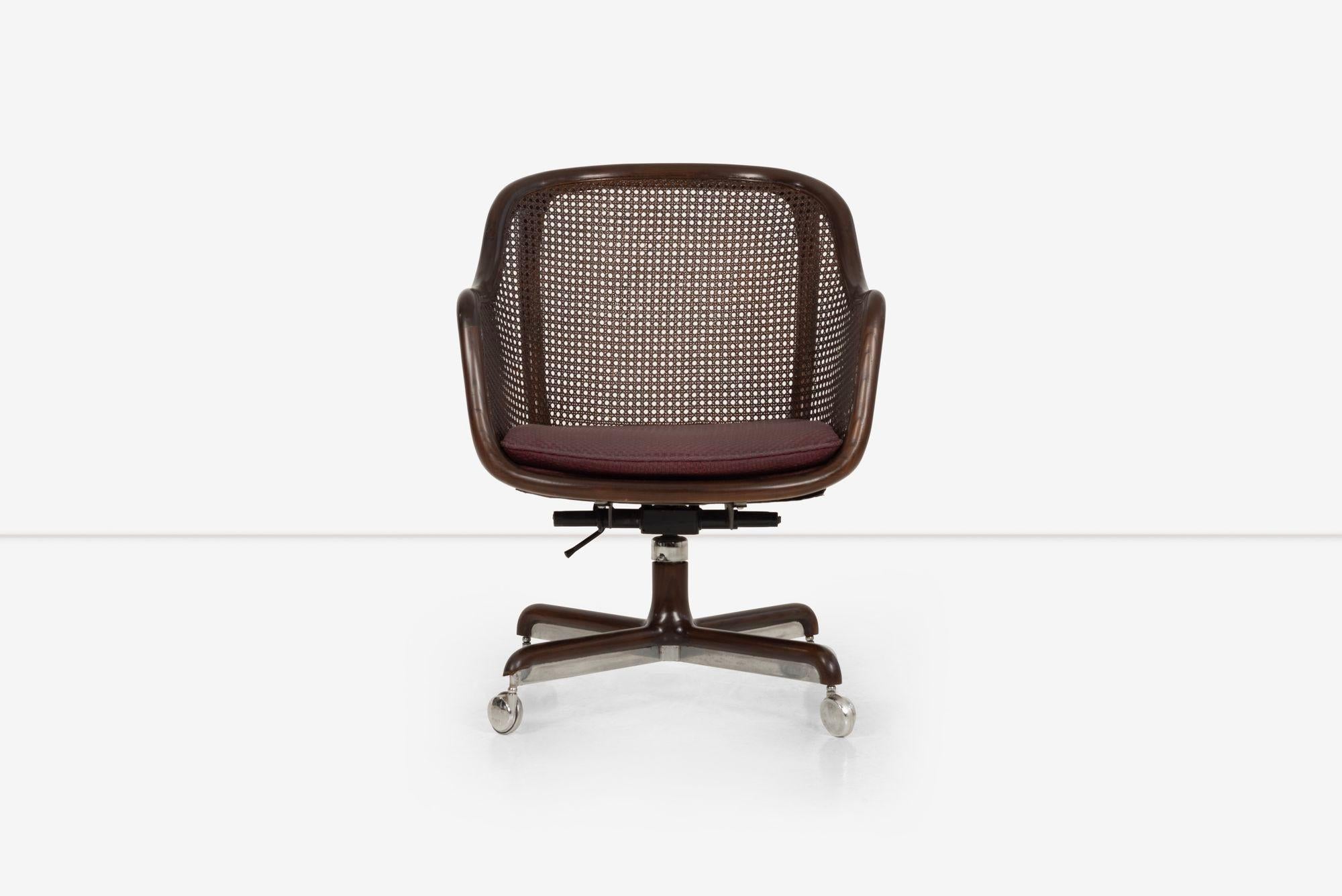 Leather Ward Bennett Office Chair, stained caned meshed between solid stained ashwood structure, tilt/swivel desk chair designed by Ward Bennett for Brickel. Solid chrome and wood base structural base with shepherd chrome casters. Woven vinyl