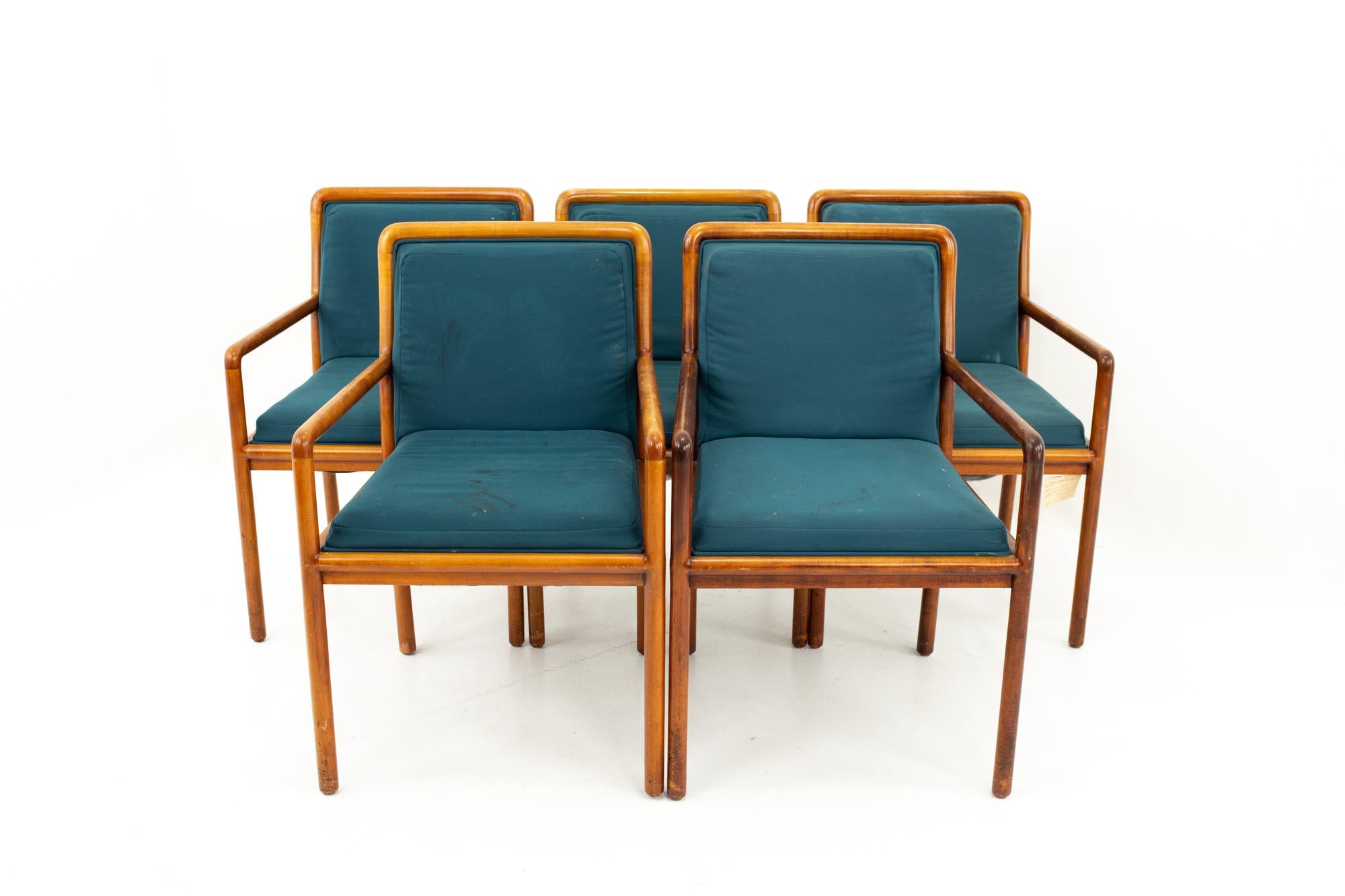 Ward Bennett for Brickel Associates Mid Century armchairs, set of 5
Each chair measures: 22.5 wide x 24.5 deep x 33.5 high, with a seat height of 18.5 inches 

All pieces of furniture can be had in what we call restored vintage condition. This means
