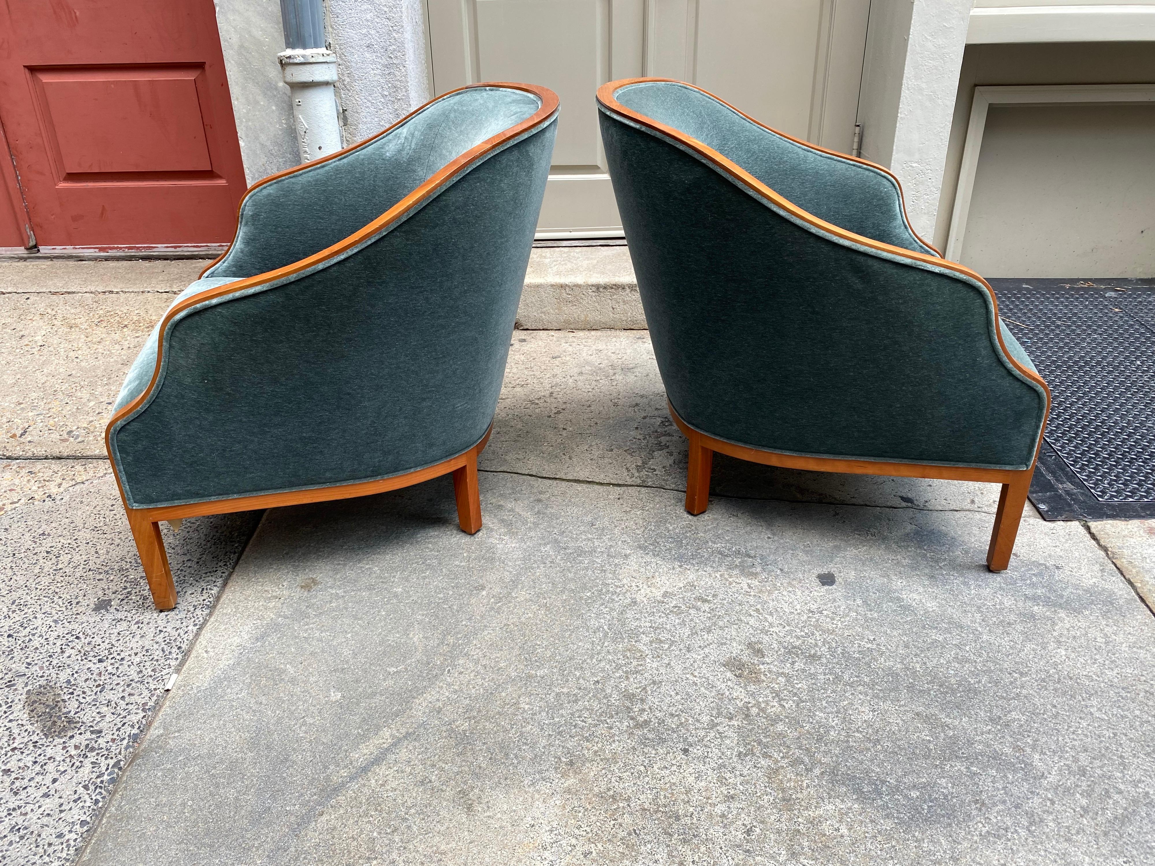 Ward Bennett for Brickel Associates pair of graceful lounge chairs, with cherry wood arms and legs and a blue gray mohair. Chairs are all Original, dated 1988, although this is a 1960's design. Mohair still presents very well, shows typical signs of