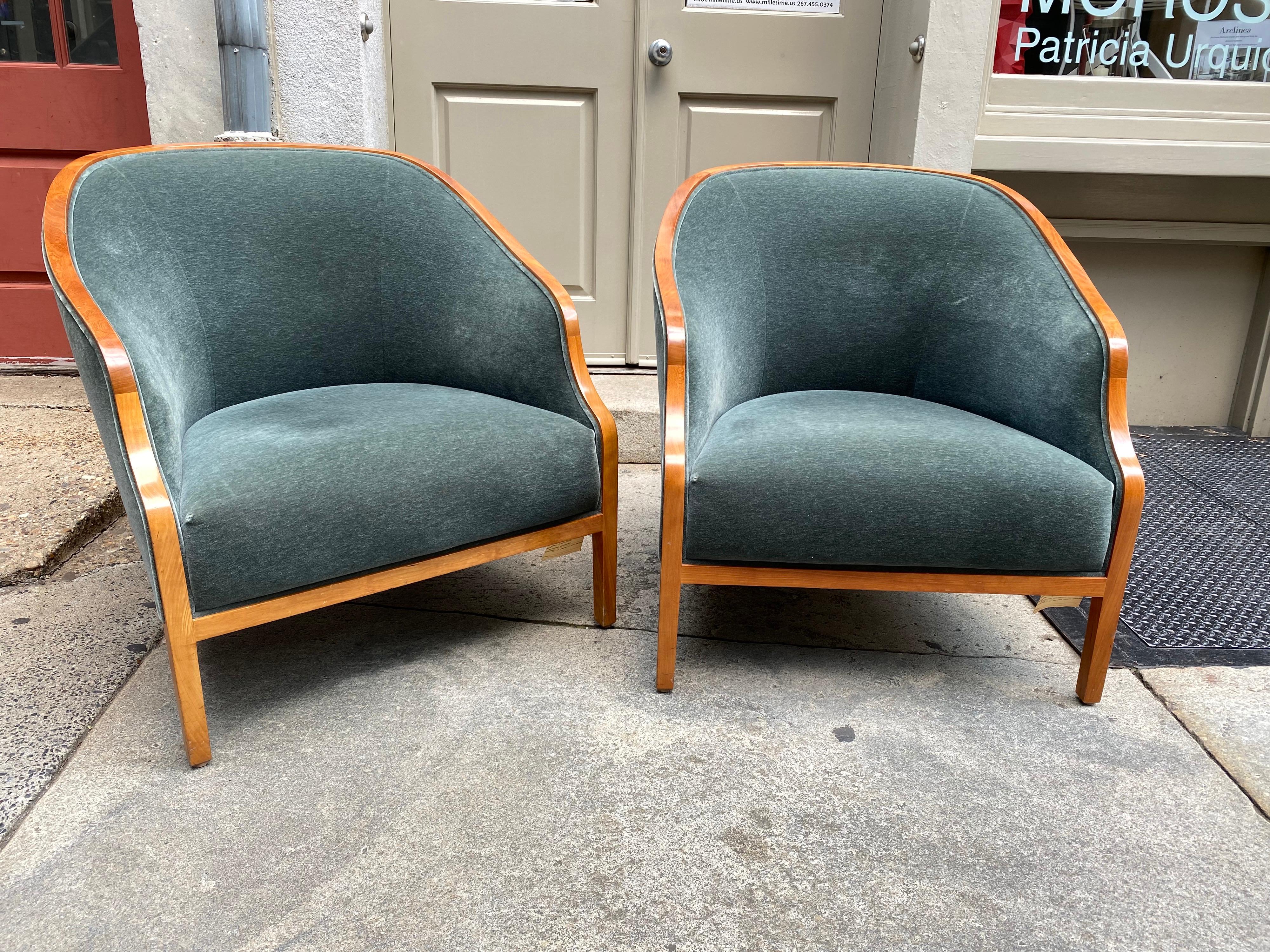 American Ward Bennett for Brickel Associates Pair of Lounge Chairs in Cherry and Mohair