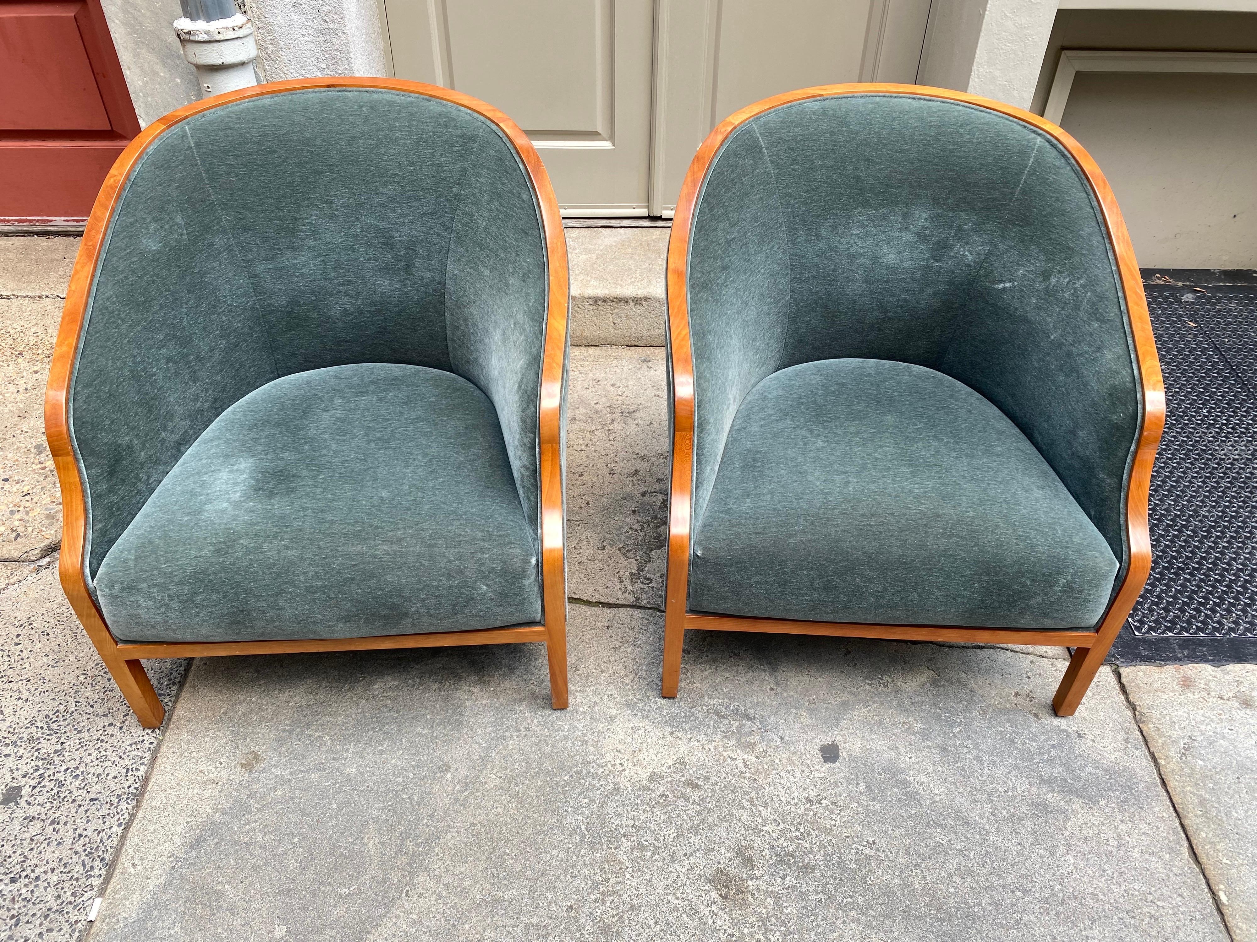 Late 20th Century Ward Bennett for Brickel Associates Pair of Lounge Chairs in Cherry and Mohair