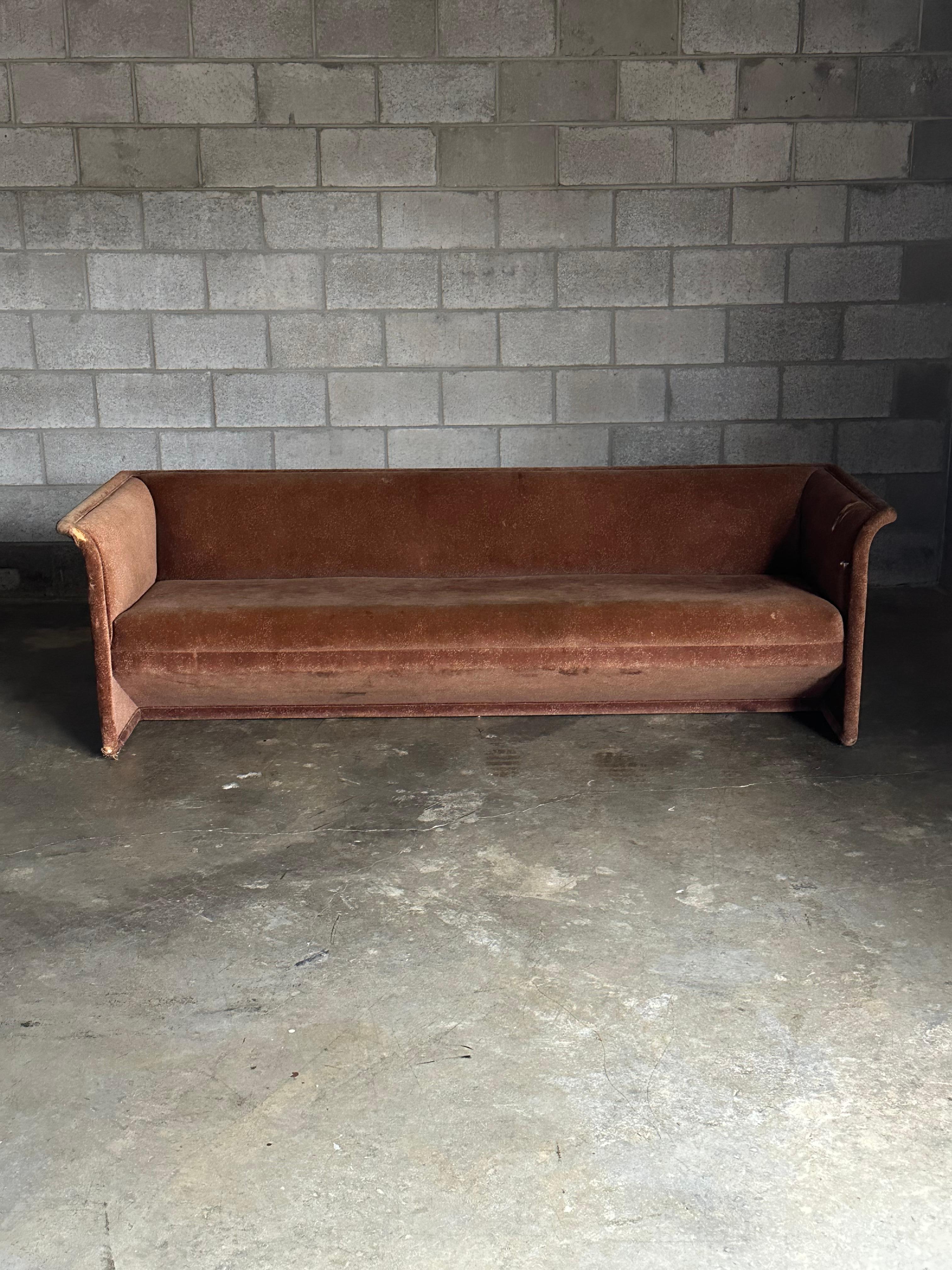 A rare sofa designed by Ward Bennett for Brickel Associates. Great form with slightly bowed out arms and back, it’s equal parts stylish and comfortable, this sofa utilizes a smaller footprint.

Would work well in a variety of interiors alongside